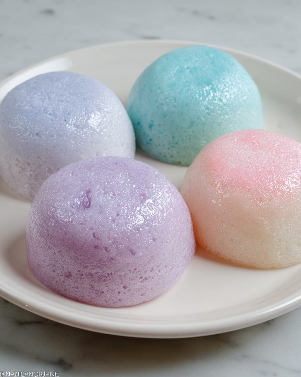 Four colorful steamed cakes sit on a white plate, placed on a white marbled surface. Each cake has one smooth dome-shaped layer with a slightly shiny, soft, and frothy texture. The cakes are pastel purple, pastel blue, pastel pink, and pastel white, evenly spaced in a loose circle on the plate. The light reflects softly off their moist surfaces, highlighting their delicate texture. Photo taken with an iphone --ar 4:5 --v 7