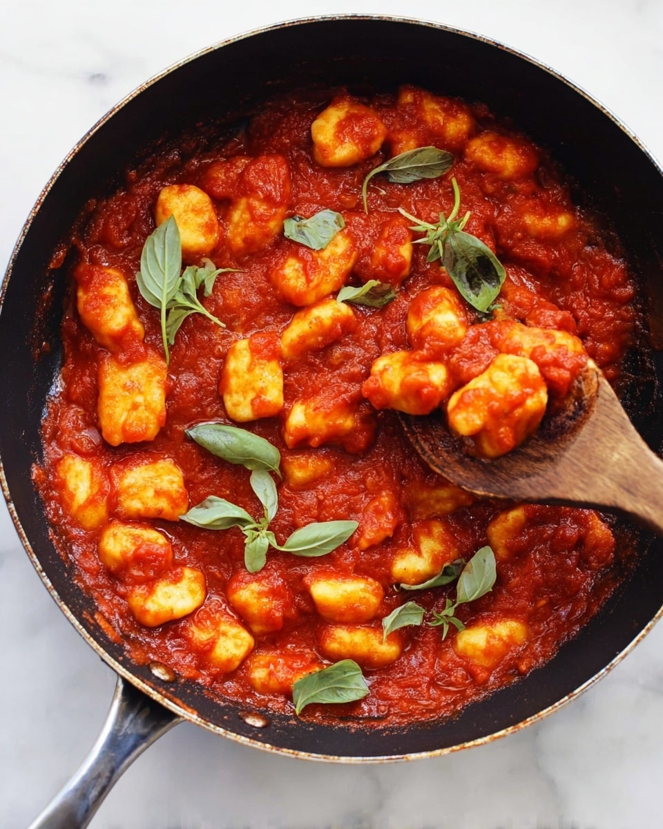 A black pan filled with vibrant red tomato sauce that has a chunky texture, layered with small, golden-yellow gnocchi pieces scattered evenly throughout. Fresh green basil leaves are gently placed on top, adding a touch of bright green contrast. A wooden spoon is in the pan, lifting some gnocchi coated in the thick red sauce. The pan sits on a white marbled surface. Photo taken with an iphone --ar 4:5 --v 7