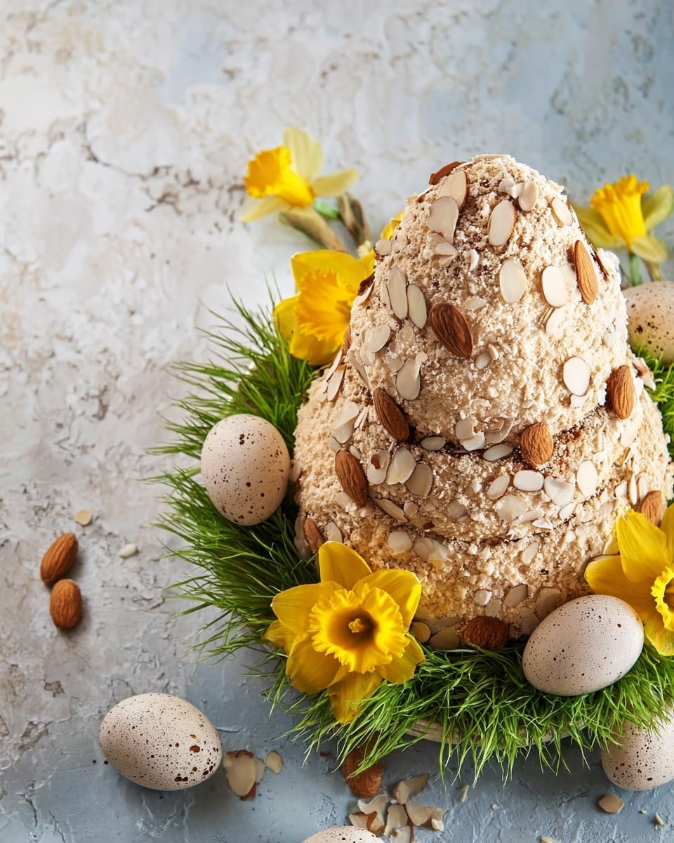 The image shows a golden brown, four-lobed cake with a rough and cracked surface placed directly on a white marbled surface. The cake has a round center area decorated with whole almonds and white sugar pieces scattered on top. Each lobe is topped with more white sugar pieces and some almonds. Around the cake, there is an egg carton with various brown and white eggs, and a white egg lies nearby on the marbled surface. A light blue ribbon partly frames the cake. Photo taken with an iphone --ar 4:5 --v 7