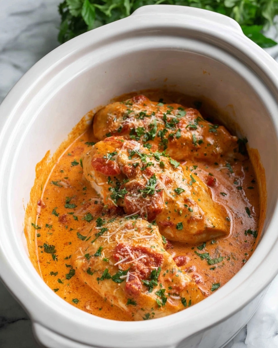 The image shows a white crockpot filled with three pieces of chicken covered in a thick orange creamy sauce with bits of red tomatoes. The sauce is smooth and rich, spreading evenly around the chicken. The chicken pieces are sprinkled with finely chopped green herbs and some grated cheese, adding texture and color contrast. The crockpot is set on a white marbled surface with some green leafy herbs blurred in the background. photo taken with an iphone --ar 4:5 --v 7