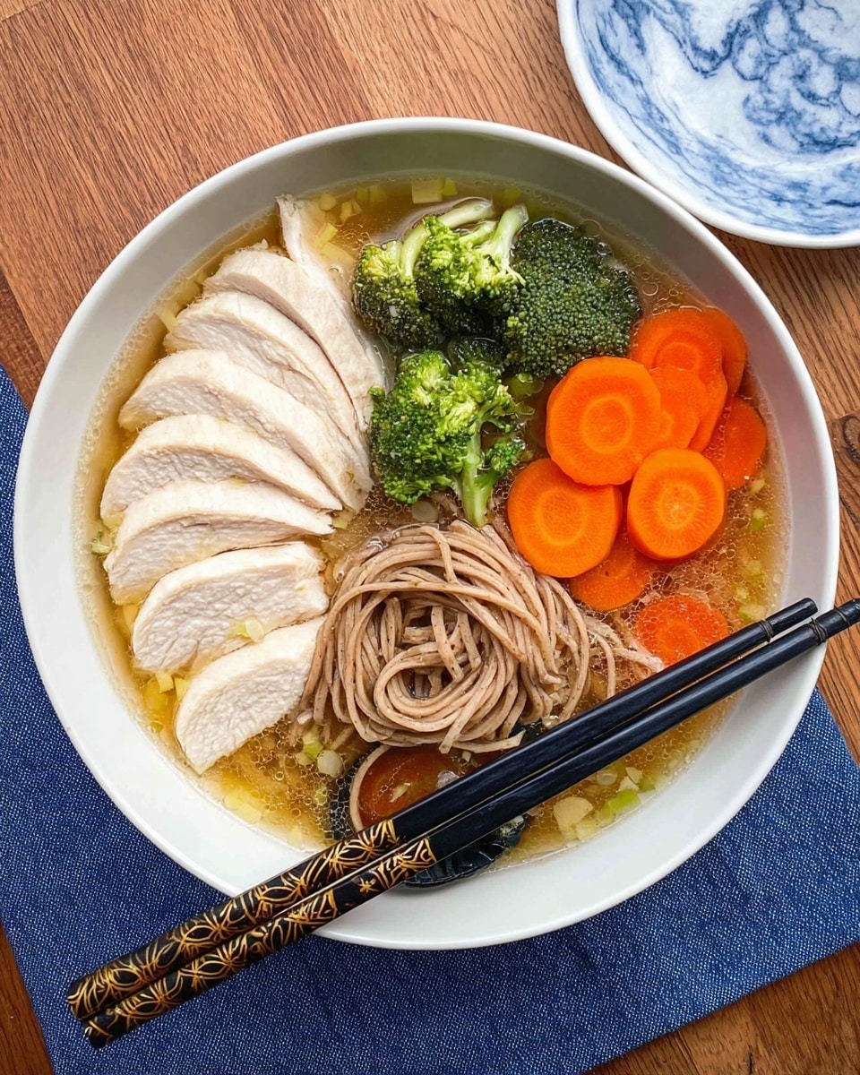 In a white bowl filled with clear broth, there are five main layers: on the left side, four slices of pale cooked chicken stacked slightly overlapping; on the bottom right, green broccoli florets with a crumbly texture; above the broccoli, light green cooked leek pieces; at the top right, a small pile of brown soba noodles with a soft, slightly wavy look; and in the middle, four bright orange carrot slices arranged in a small stack. A black spoon rests inside the bowl on the right side, partly in the broth. The bowl is set on a white marbled surface with a blue cloth underneath and chopsticks resting nearby. Photo taken with an iphone --ar 4:5 --v 7