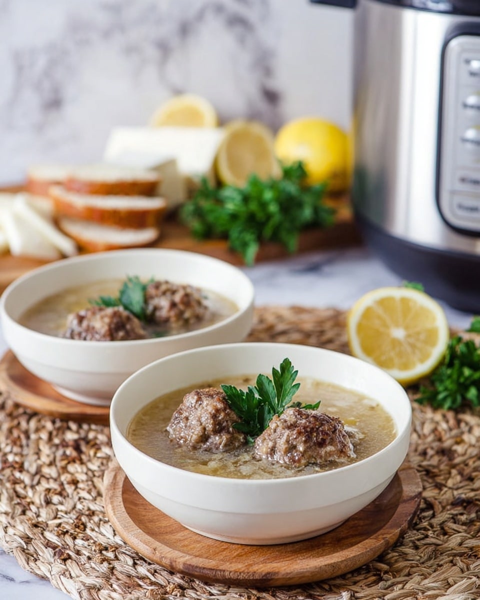 Two white bowls are shown, each filled with a light beige broth and three brown, crumbly textured meatballs topped with a small green parsley leaf. The bowls sit on a wooden board placed over a woven mat, with slices of bread, white cheese wedges, lemon halves, and green parsley in the blurred background. To the right, there is a shiny silver slow cooker. The background surface is a white marbled texture. photo taken with an iphone --ar 4:5 --v 7