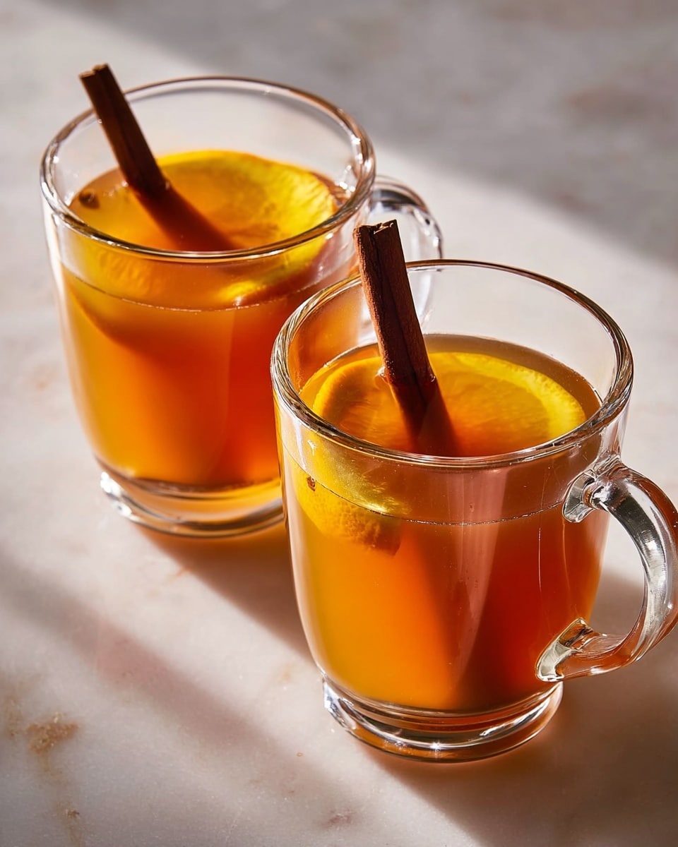 Two clear glass mugs are filled with a warm, amber-colored liquid. Each mug has a visible slice of orange floating just below the surface, and a dark brown cinnamon stick is standing upright inside the drink. The mugs are placed on a white marbled surface, with soft light creating gentle reflections on the glass and liquid, giving the scene a cozy and inviting feel. photo taken with an iphone --ar 4:5 --v 7