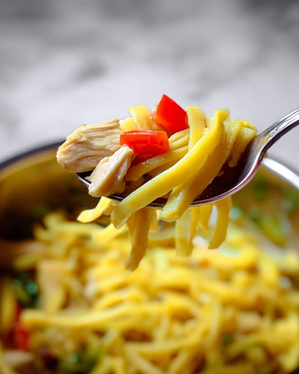 The image shows a close-up of a spoon held by a woman's hand, lifting a portion of yellow noodle soup from a pot. The soup has thin, flat yellow noodles mixed with small pieces of light brown meat and tiny red chunks, all floating in a clear, slightly oily yellow broth. The background is a large pot filled with the same soup, showing more noodles and ingredients in the warm, golden broth. The surface beneath the pot is a white marbled texture. photo taken with an iphone --ar 4:5 --v 7