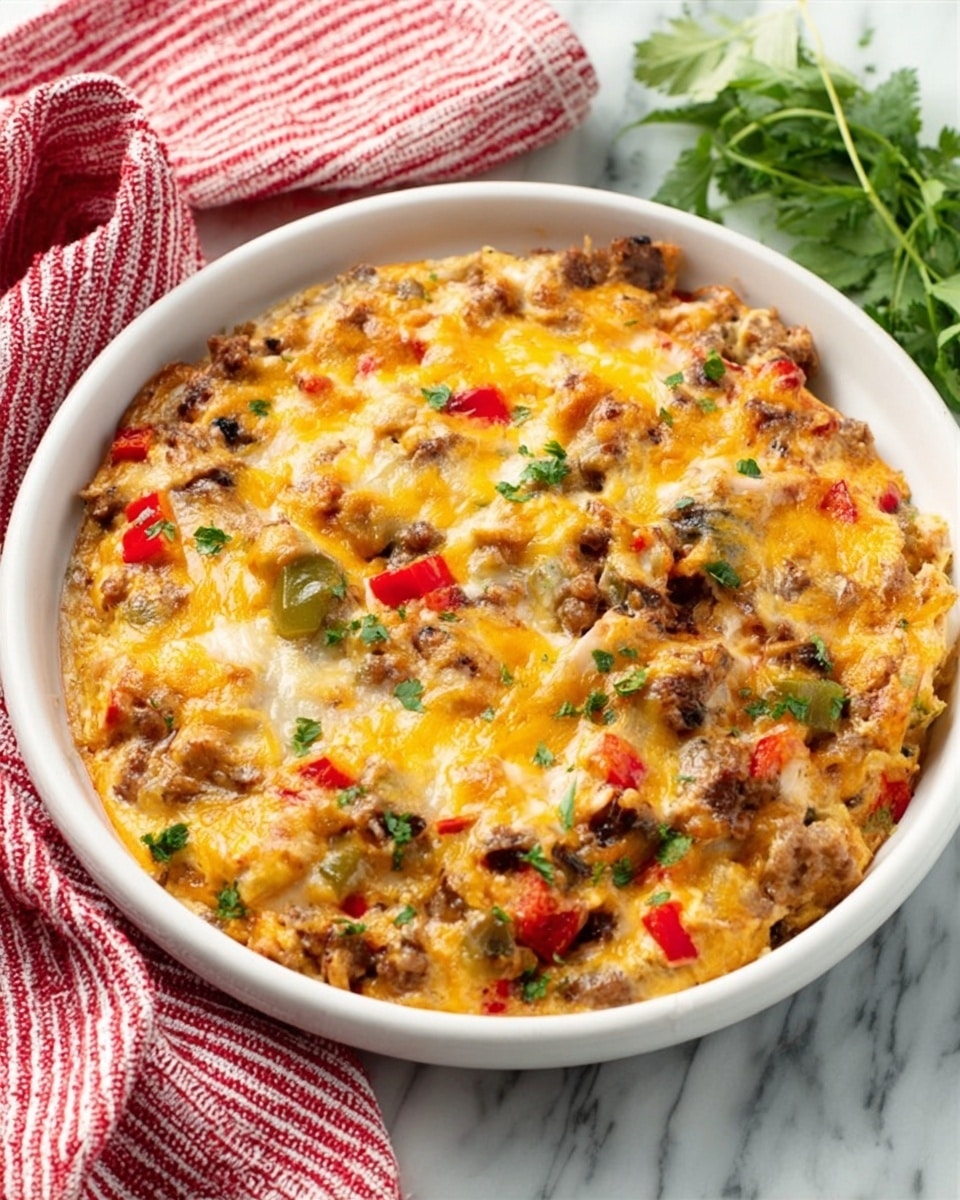 The image shows a white baking dish filled with a cheesy casserole made of three visible layers: the bottom layer is a chunky mix of cooked ingredients including beans and corn with some red bits, the middle layer is melted cheese with a golden-yellow and slightly browned texture, and the top layer is sprinkled with small green herb pieces. A silver spoon is lifting a portion from the dish, showing the thick, creamy, and cheesy texture with mixed vegetables and sauce inside. The dish is set on a white marbled surface with a red and white striped cloth underneath the dish, and some tomatoes blurred in the background. Photo taken with an iphone --ar 4:5 --v 7