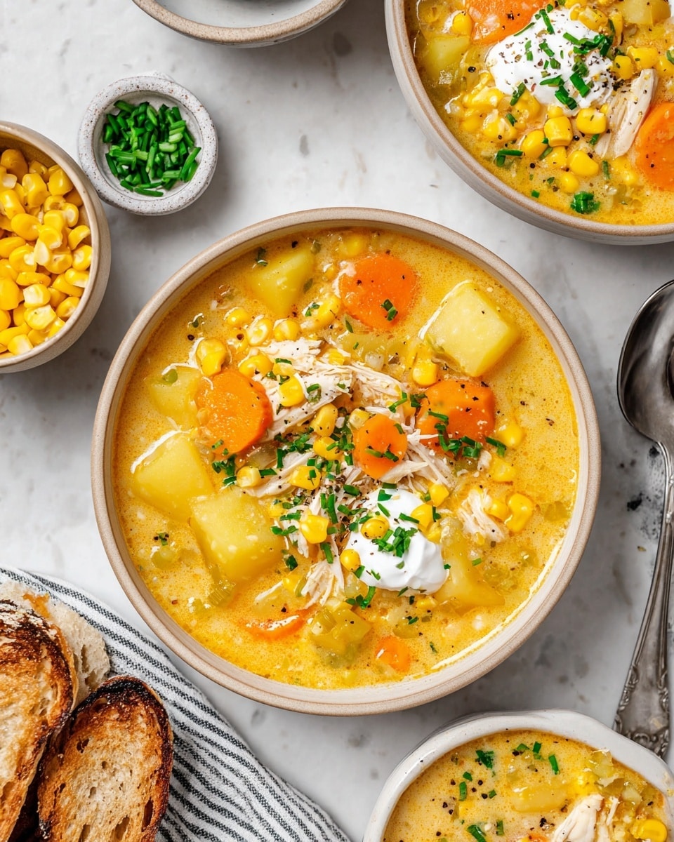 A close-up of a creamy soup served in a white bowl, showing a thick orange-yellow broth as the base layer. Floating in the broth are large, soft chunks of yellow potato and orange carrot slices, next to pieces of shredded white chicken meat. Sweet corn kernels add small bright yellow details, while the soup is sprinkled with finely chopped green herbs on top. A silver spoon is scooping a mix of potatoes, corn, chicken, and carrot from the bowl. The soup surface has a few swirls of white cream blending in, with black cracked pepper sprinkled on top. The bowl sits on a white marbled surface. Photo taken with an iphone --ar 4:5 --v 7
