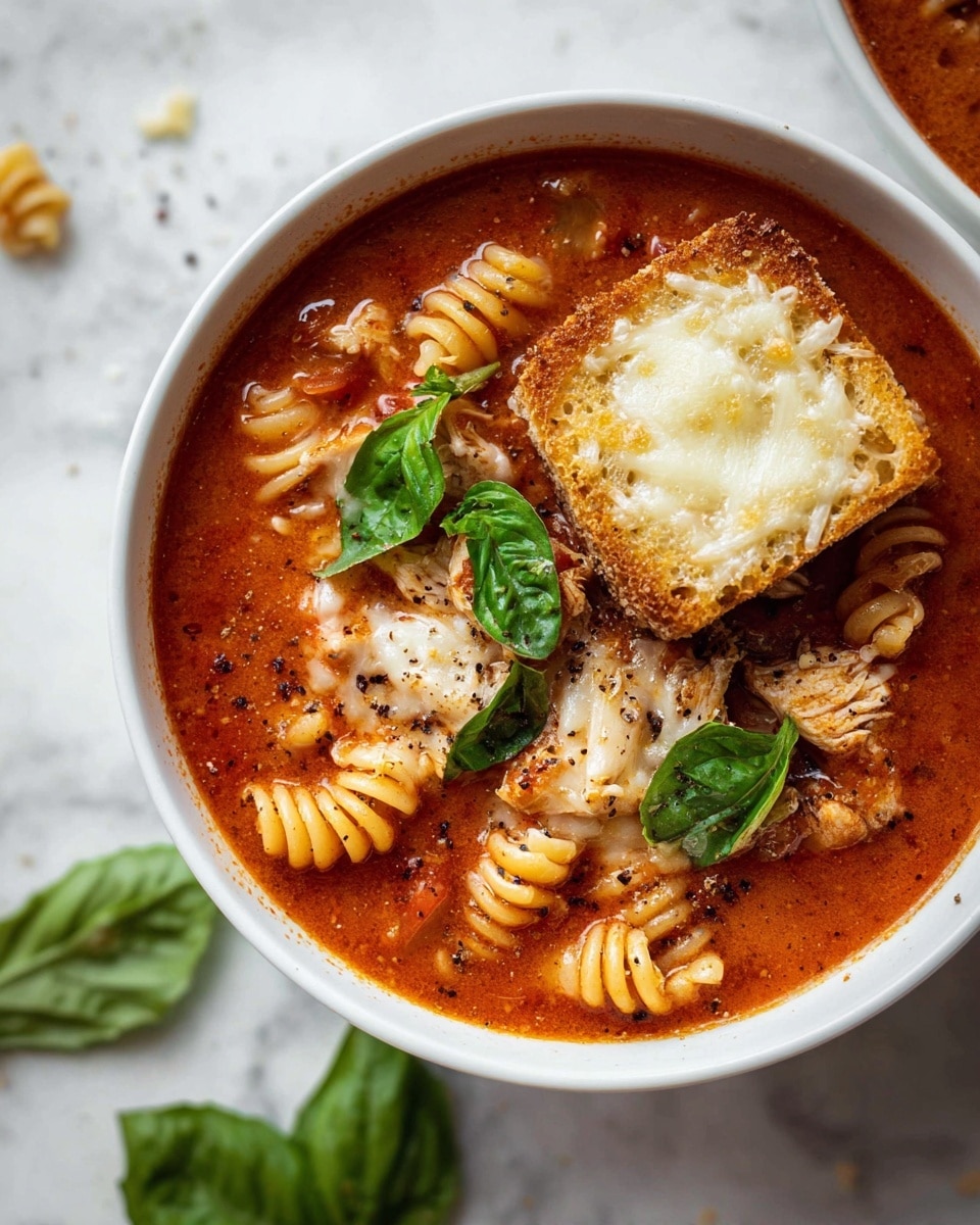 Two white bowls filled with a soup that has spiral pasta, chunks of cooked chicken, and a toasted square piece of melted cheese on top. The soup is a light brown broth with small pieces of tomato and sprinkled black pepper, along with fresh green basil leaves floating on the surface. One bowl has a silver spoon inside, and next to the bowls is a carton of chicken broth. The bowls sit on a white marbled surface with some loose basil leaves scattered around. Photo taken with an iphone --ar 4:5 --v 7
