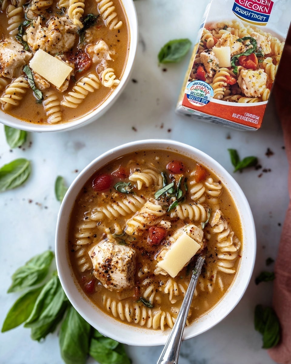 A white bowl filled with a rich red tomato soup, showing spiral pasta and chunks of light brown chicken in the broth. On top, there is a single toasted piece of bread with melted white cheese, slightly browned. Green fresh basil leaves are scattered on the surface, adding contrast with their vibrant color. The bowl sits on a white marbled surface, accompanied by a few loose basil leaves and a carton of chicken broth at the top right corner. Photo taken with an iphone --ar 4:5 --v 7