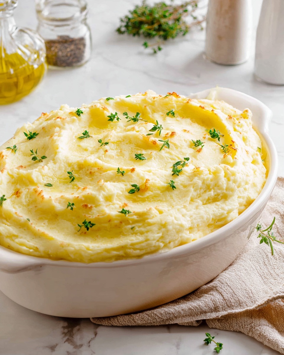 The image shows a white oval baking dish filled with a two-layered casserole. The top layer is thick, creamy mashed potatoes with a light golden color, slightly browned spots, and sprinkled green herbs. The bottom layer, partially visible where a spoon has scooped out some of the top, contains a colorful mix of diced vegetables including green peas, orange carrots, and yellow corn mixed with grains or rice, creating a varied texture. A silver spoon rests inside the dish, leaning against the inner edge. The background is a white marbled surface with scattered sprigs of fresh thyme and garlic cloves. photo taken with an iphone --ar 4:5 --v 7