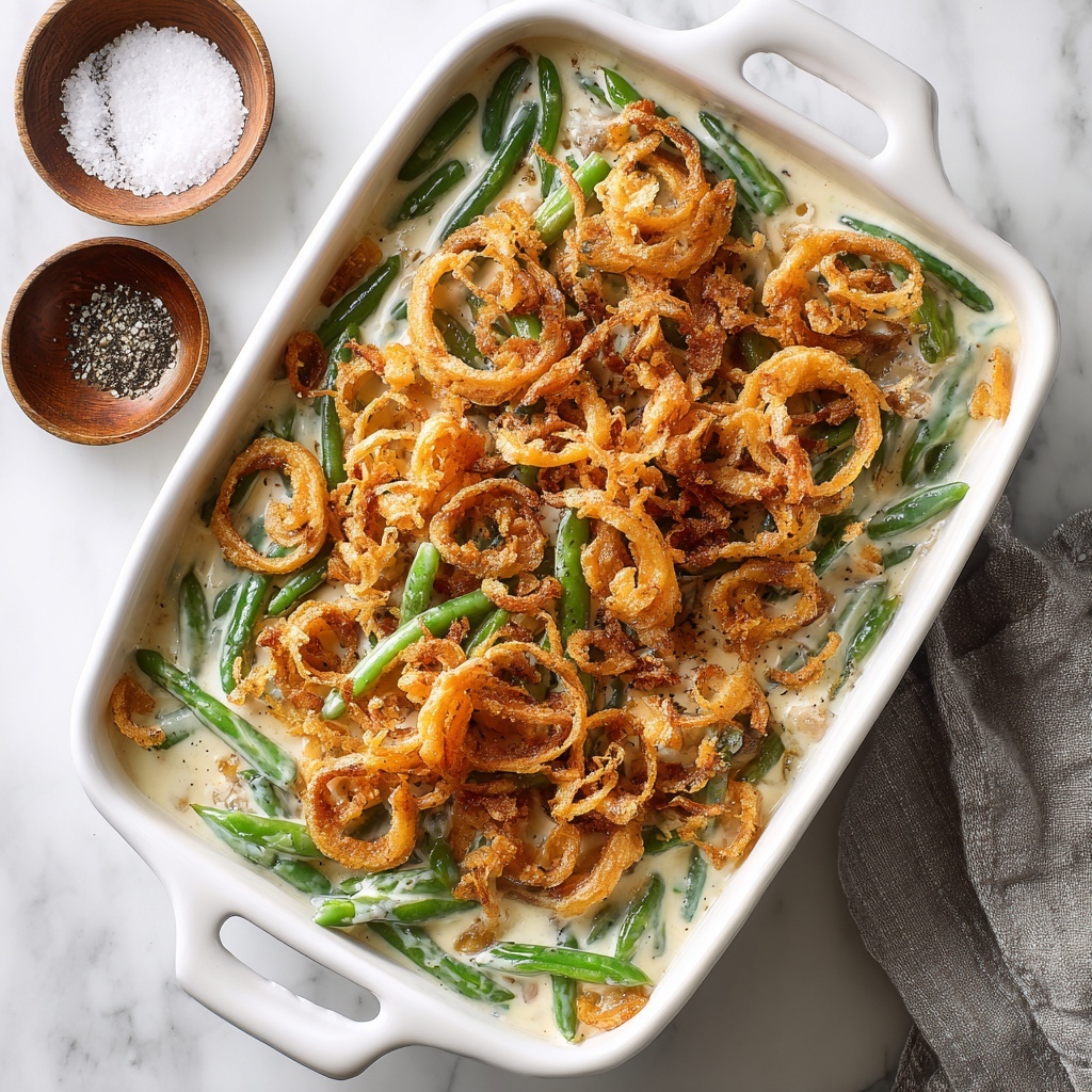 The image shows a white rectangular baking dish filled with a layered green bean casserole. The bottom layer is creamy white sauce mixed with whole green beans that are a soft green color. On top, there is a crunchy golden-brown fried onion topping that covers the casserole evenly. A wooden spoon lifts a portion of the casserole, showing the creamy sauce and green beans under the crispy onion layer. The dish sits on a white marbled surface with a green cloth partially visible in the background. Photo taken with an iphone --ar 4:5 --v 7