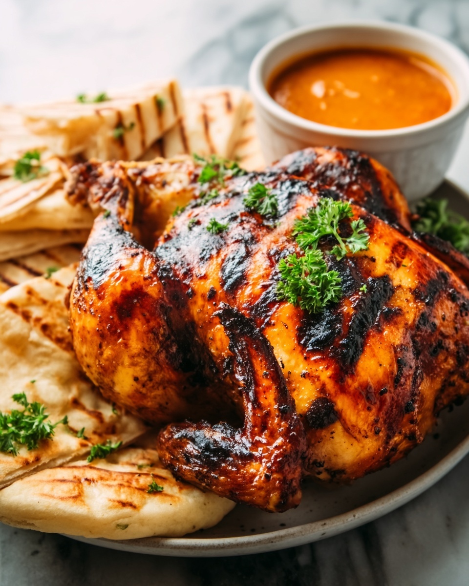 The image shows a roasted chicken leg with a glossy, golden-brown skin that is slightly charred in some areas, giving it a crispy texture. The chicken rests on a white plate, and there is a sprig of fresh green cilantro placed on top, adding a pop of color. To the side of the chicken, there is a small white bowl filled with a smooth brown sauce. The background surface has a white marbled texture, highlighting the warm colors of the chicken and sauce. photo taken with an iphone --ar 4:5 --v 7