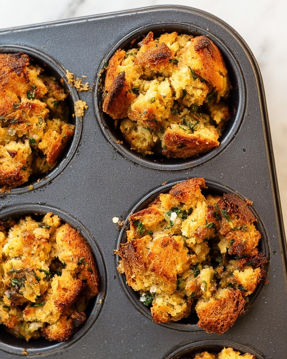 The image shows a close-up of a dark metal muffin tin with four cups visible, each filled with rough, chunky bread stuffing muffins. The muffins have a golden brown and slightly crispy top layer with uneven, cracked pieces, showing a mix of light tan bread and green herb bits inside. The texture looks crumbly with some moist areas, and the muffins fill most of each cup. The muffin tin is placed on a white marbled surface, enhancing the warm colors of the muffins. Photo taken with an iphone --ar 4:5 --v 7