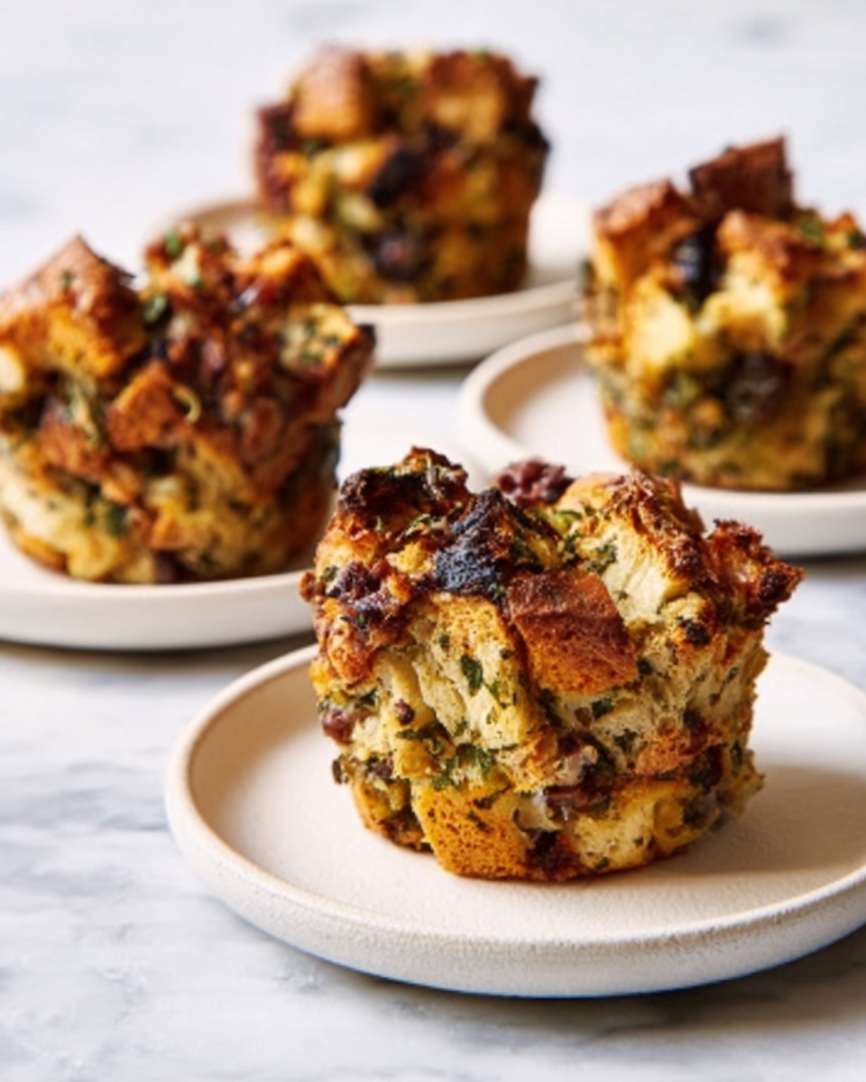 Three pieces of golden brown savory muffin-like dishes sit on plain white round plates arranged on a white marbled surface. Each muffin has multiple layers made of chunky, rough textured diced bread pieces mixed with green herbs and small bits of dark vegetables or meats. The tops are uneven, crunchy, and look slightly toasted with a speckling of green seasoning. The overall look is rustic with a mix of light tan, green, and dark brown colors visible in every muffin. The photo is taken with an iphone --ar 4:5 --v 7