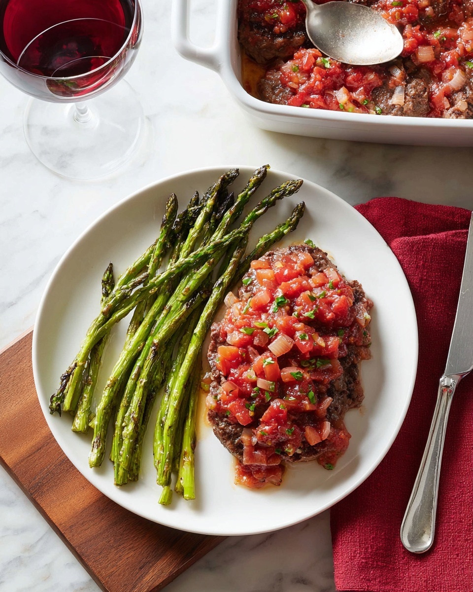 A white round plate shows a meal with two main parts: on the left, a cluster of green grilled asparagus with light char marks, arranged in a slightly fanned pattern; on the right, a piece of cooked meat topped with a chunky red tomato and onion sauce, the sauce covering most of the meat's surface and adding a textured look with small diced tomatoes and onions. The plate rests on a white marbled surface, near a white rectangular dish containing more meat and sauce with a silver spoon inside. There is a glass of red wine in the top left corner and a folded red cloth napkin with silverware placed on the right side of the frame. photo taken with an iphone --ar 4:5 --v 7