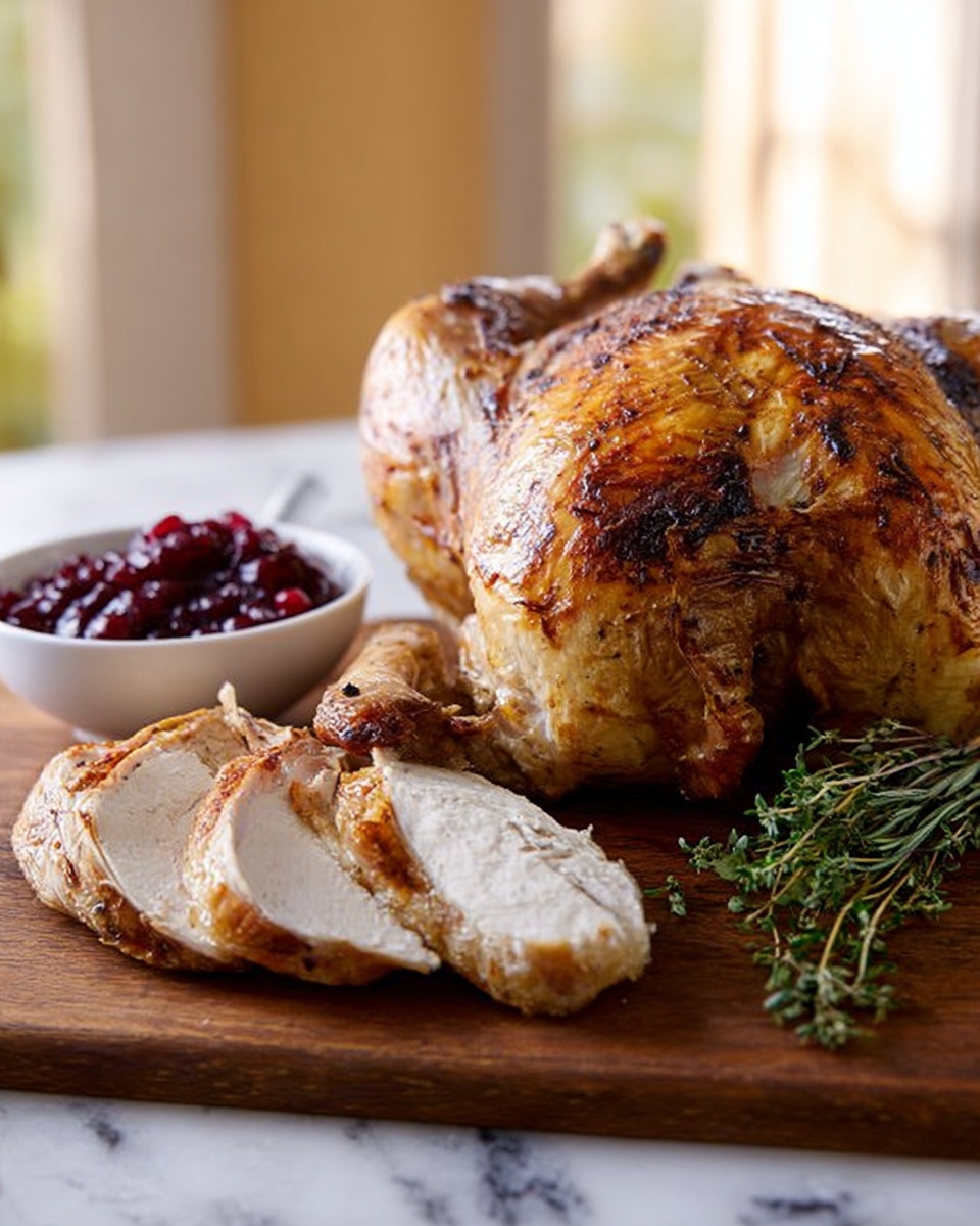 A roasted whole chicken with a golden brown, crispy skin sits on a wooden cutting board, leaning slightly to the right. In front of the chicken, two drumsticks with the same golden skin are placed side by side, and to their left are three thick, juicy chicken slices with a white interior and browned outside. Behind the chicken, a small, white bowl filled with dark red cranberry sauce is visible, and a small bunch of fresh green herbs stands upright next to the chicken’s back. The background is softly blurred with warm light, and the surface beneath the cutting board is a white marbled texture. Photo taken with an iphone --ar 4:5 --v 7