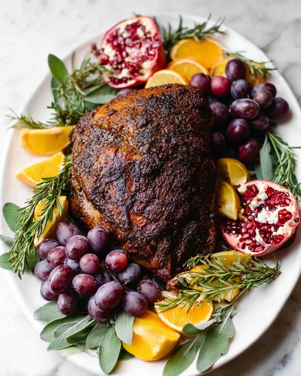 A large roasted piece with a dark brown spicy crust is centered on a white oval plate, surrounded by deep purple grapes in bunches placed around the edges. Bright orange slices and lemon wedges add pops of color scattered among green rosemary sprigs and sage leaves. Halved pomegranate with bright red seeds is positioned near the top and bottom edges. The whole arrangement sits on a white marbled surface. photo taken with an iphone --ar 4:5 --v 7