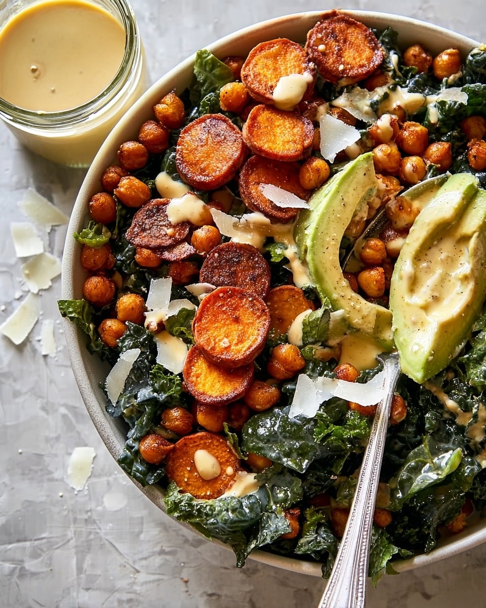 A white bowl filled with a colorful salad sits on a white marbled surface. The bottom layer contains dark green kale leaves with a slightly crinkled texture, spread evenly. On top are round slices of orange roasted sweet potatoes, showing a slightly crispy exterior. Scattered throughout the bowl are golden-brown roasted chickpeas adding a crunchy texture. There are also creamy pale green avocado slices nestled between the chickpeas and sweet potatoes. Light drizzles of creamy dressing and small white cheese shavings are sprinkled over the salad. Next to the bowl is a clear jar filled with a light beige dressing with a spoon inside. Photo taken with an iphone --ar 4:5 --v 7