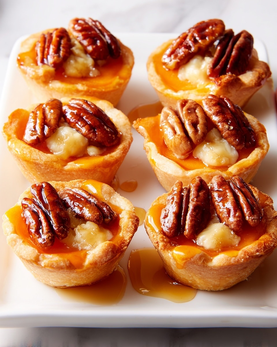 There are six mini baked tarts arranged on a white rectangular plate set on a white marbled surface. Each tart has a golden brown crust forming the base and edges. The first layer inside the crust is a smooth orange filling. On top of this filling are small dollops of melted white cheese, slightly browned. Each tart is topped with a single glossy pecan half that has syrup dripping down the sides, creating small pools of syrup on the plate below. The overall look is warm and glossy with a mix of soft and crunchy textures. Photo taken with an iphone --ar 4:5 --v 7