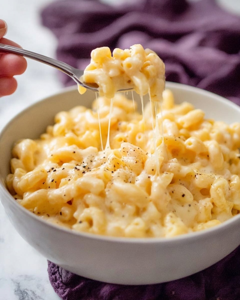 This image shows a close-up of a baked macaroni and cheese dish in a dark rectangular baking pan placed on a white marbled surface. The dish has two main visible layers: the top layer is golden brown with melted, slightly crispy cheese spots and hints of orange cheddar color, creating a textured and slightly bubbled surface. Below, there is a creamy, thick layer of elbow macaroni pasta covered in white cheese sauce that looks smooth and rich, with some small brown specks of seasoning scattered throughout. A spoon is scooping out a portion from the bottom right corner, revealing the soft and cheesy pasta beneath the crispy top. photo taken with an iphone --ar 4:5 --v 7