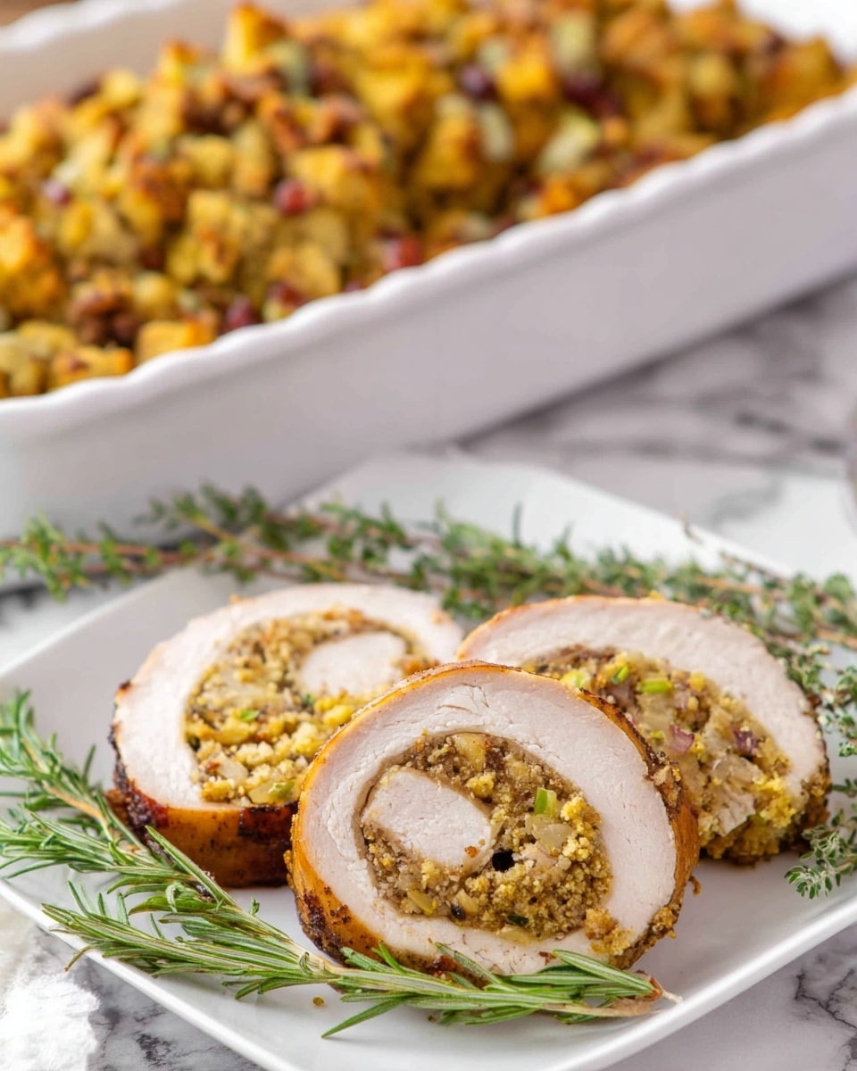 The image shows a white plate with three slices of rolled meat stuffed with a crumbly, yellowish stuffing that has small bits of green herbs and other ingredients, giving it a textured look. The outer layer of the meat is golden brown, slightly crispy, while the inside is white and tender. Fresh green sprigs of rosemary and thyme are laid around the slices on the plate. In the blurred background, there is a white baking dish filled with a chunky, mixed stuffing that has a warm, yellow-brown color with red and green bits scattered throughout. The dish sits on a white marbled surface. photo taken with an iphone --ar 4:5 --v 7
