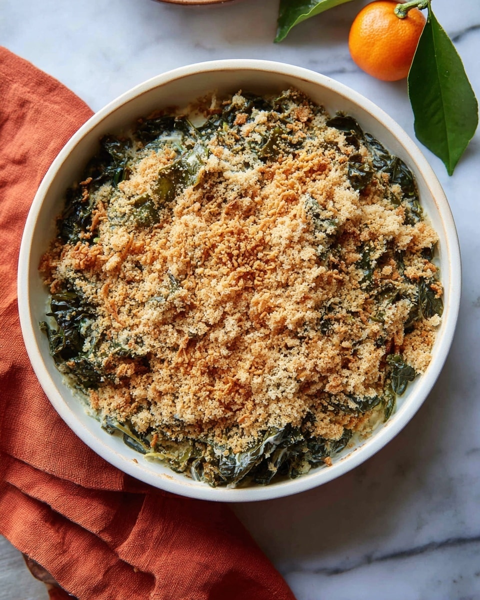 This close-up image shows a dish with two layers. The bottom layer is made of cooked, dark green leafy vegetables with a soft and slightly wilted texture. On top is a thick, crunchy layer of golden brown breadcrumbs, evenly spread, giving a textured and crispy look. The whole dish sits on a surface with a white marbled texture. Photo taken with an iphone --ar 4:5 --v 7