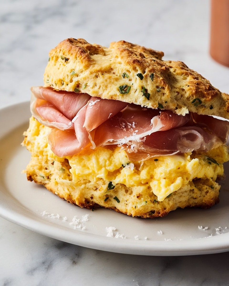 A white plate holds a biscuit sandwich with three clear layers: the biscuit on top is golden brown with a lightly crumbly texture and specks of seasoning, the middle layer shows thin, folded slices of pink ham, and the bottom layer is a fluffy, bright yellow scrambled egg. The biscuit acts like a soft crown sitting on the ham and eggs, with the sandwich positioned in the center of the plate on a white marbled background. photo taken with an iphone --ar 4:5 --v 7