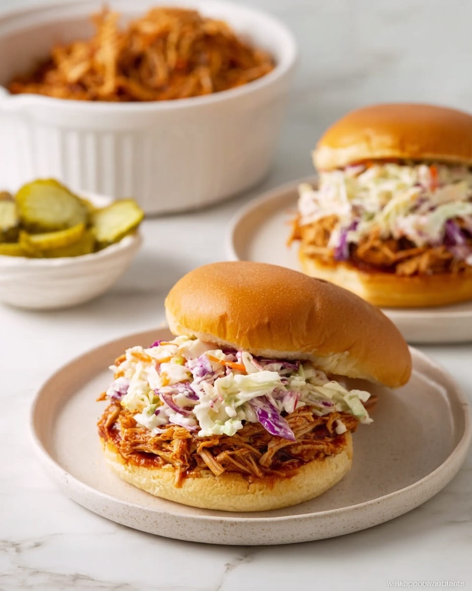 Two sandwiches are placed on a large white plate with a white marbled surface. Each sandwich has a soft, shiny light brown bun on top and bottom. Inside, there is a layer of shredded, richly colored pulled meat in a reddish-brown sauce at the bottom. On top of the meat, there is a colorful layer of creamy coleslaw made with shredded purple and white cabbage and carrots. Two thick, round pickle slices with ridged edges sit on the coleslaw of each sandwich. Some small pieces of coleslaw are scattered around the plate. Photo taken with an iphone --ar 4:5 --v 7