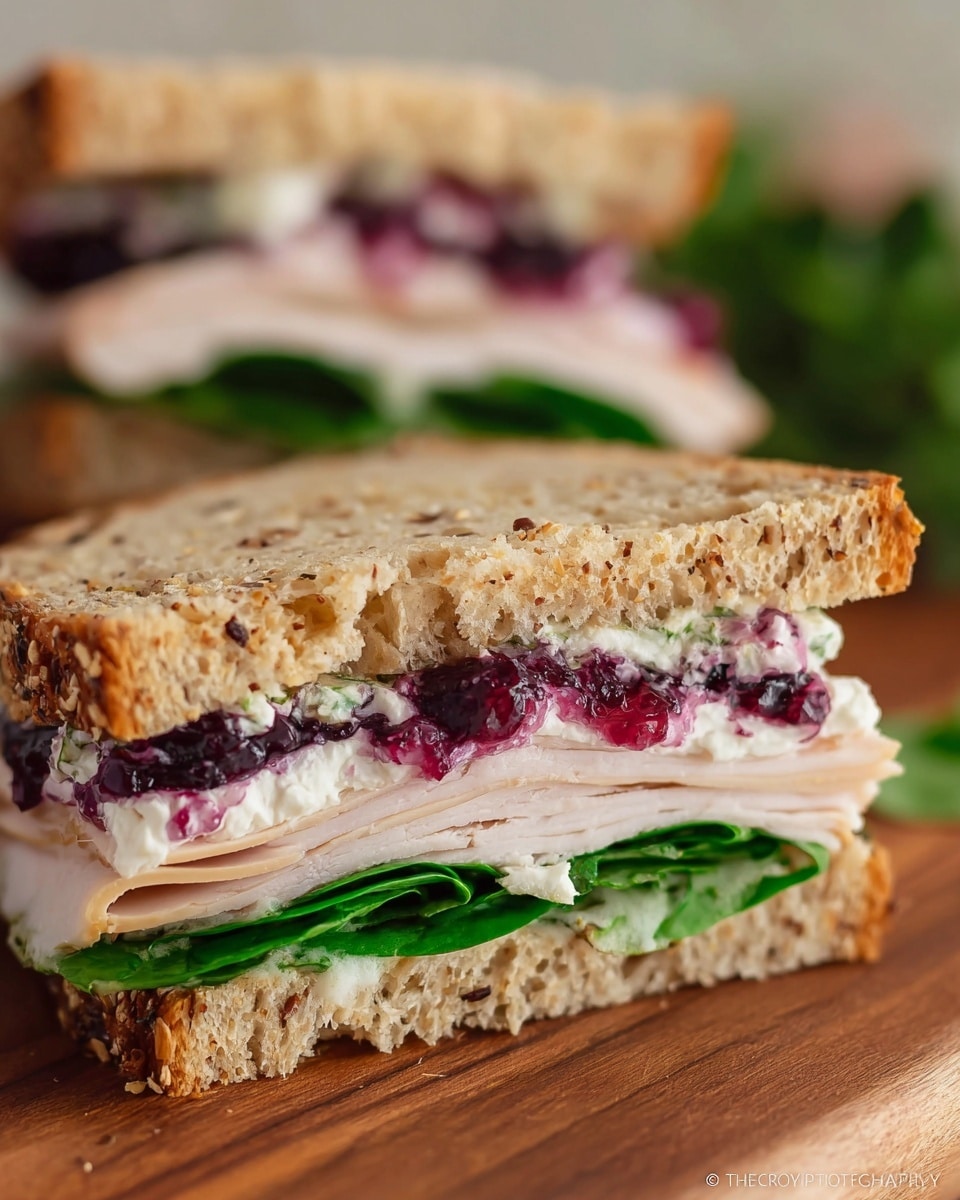 The image shows a close-up of a sandwich cut in half, featuring three visible layers inside two pieces of light brown multigrain bread with a slightly rough texture. The bottom layer inside the sandwich consists of fresh green spinach leaves with a crisp texture. Above the spinach, there are thin, pale slices of turkey arranged in a slightly folded manner. On top of the turkey, there is a thick layer of white cream cheese mixed with dark purple berry jam, creating a marbled effect where the colors blend. The sandwich rests on a wooden surface with a blurred background showing the other half of the sandwich. Photo taken with an iphone --ar 4:5 --v 7