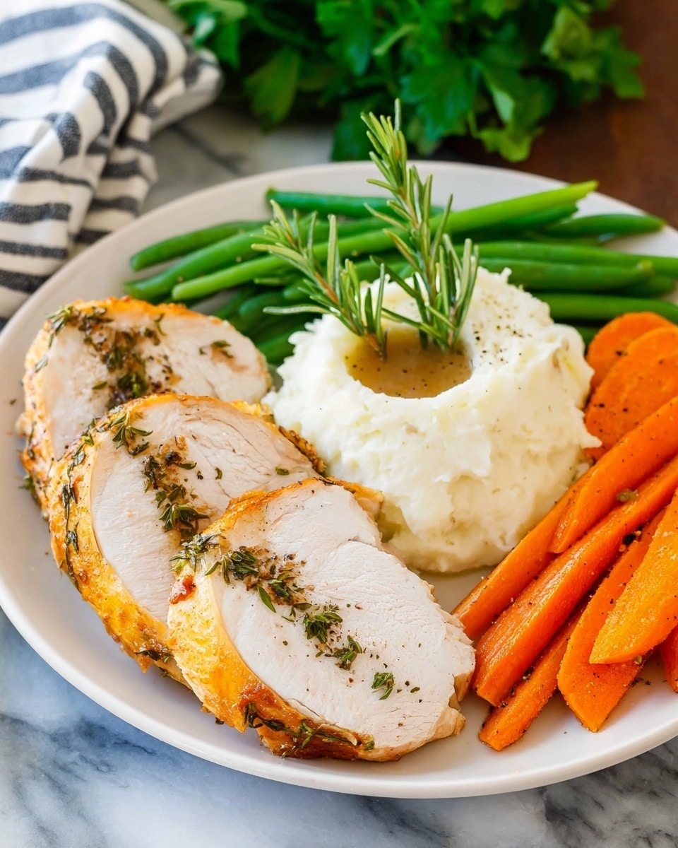 A white plate holds three thick slices of roasted turkey with golden brown skin and herbs on top arranged on the left side; behind them is a bunch of bright green steamed green beans laying across the plate; to the right of the turkey, there are several slices of cooked orange carrots standing on edge; in front of the carrots is a smooth white scoop of creamy mashed potatoes with a small pool of brown gravy in the center, sprinkled with black pepper, and topped with two sprigs of fresh rosemary standing upright; the background is a white marbled surface, with out-of-focus green herbs and a striped cloth nearby, photo taken with an iphone --ar 4:5 --v 7