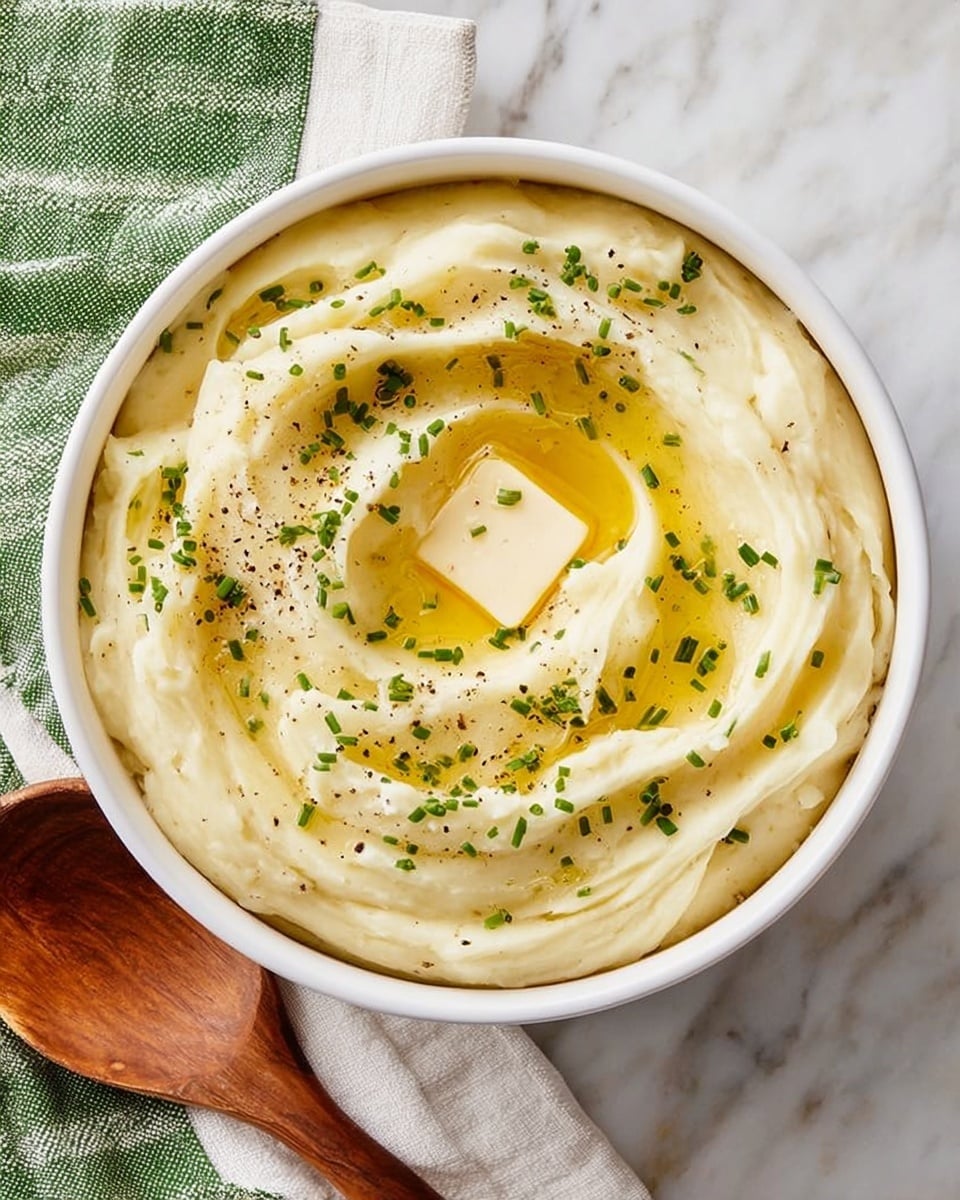 A white bowl filled with smooth mashed potatoes that have a creamy light beige color, swirled in soft waves. On top, there is a small square of melting butter in the center, surrounded by golden melted butter pooling in the dips of the mashed potatoes. Chopped green chives are sprinkled evenly over the top, along with a few cracks of black pepper for contrast. The bowl sits on a white marbled surface with a green and white striped cloth and a wooden spoon nearby, adding a cozy touch. Photo taken with an iphone --ar 4:5 --v 7