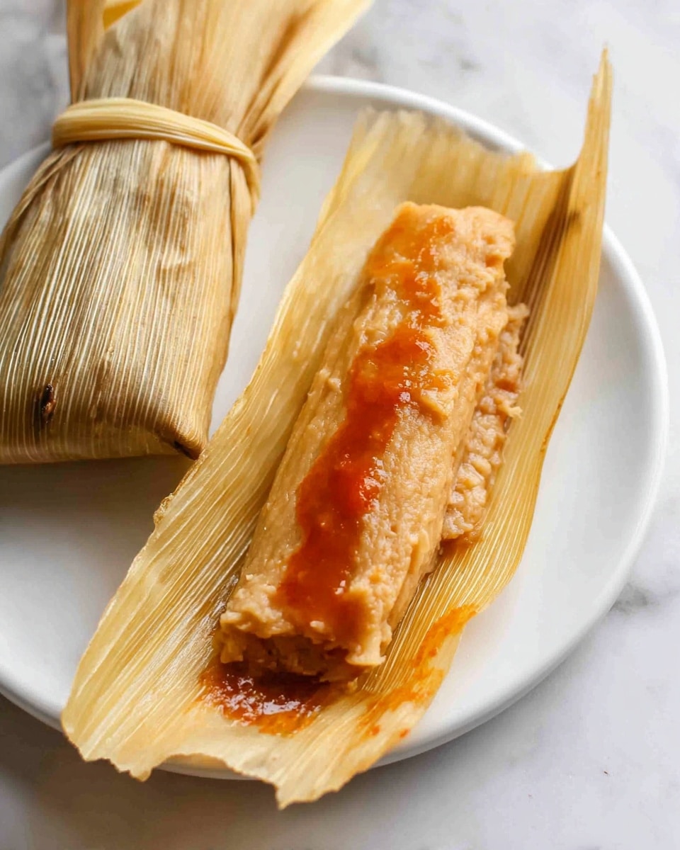 The image shows a white plate with four different foods arranged in sections. In the top left, there are two corn tamales wrapped in light beige corn husks with a slightly rough texture. Below them, two more tamales are placed side by side. At the top right, there is a small white bowl filled with red sauce, smooth and shiny. Next to the bowl, on the bottom right, there is a pile of bright yellow rice that looks fluffy with small grains visible. On the top right corner of the plate, there is a serving of cooked black beans, dark and glossy with a soft texture. The plate is set on a white marbled surface. photo taken with an iphone --ar 4:5 --v 7