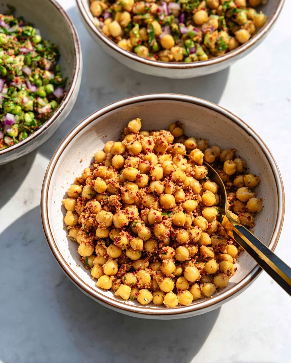 The image shows three white bowls with thin brown rims placed on a white marbled surface. The closest bowl is filled with a chickpea salad mixed with a reddish grainy ingredient, giving it a textured look with yellowish round chickpeas and red specks evenly spread. A black and gold spoon is partially resting inside this bowl. The other two bowls, farther in the background, contain chickpea salads that include green herbs and small bits of red onion, adding green and purple colors on top of the round yellow chickpeas. The lighting is bright and natural, highlighting the fresh colors in the bowls. photo taken with an iphone --ar 4:5 --v 7