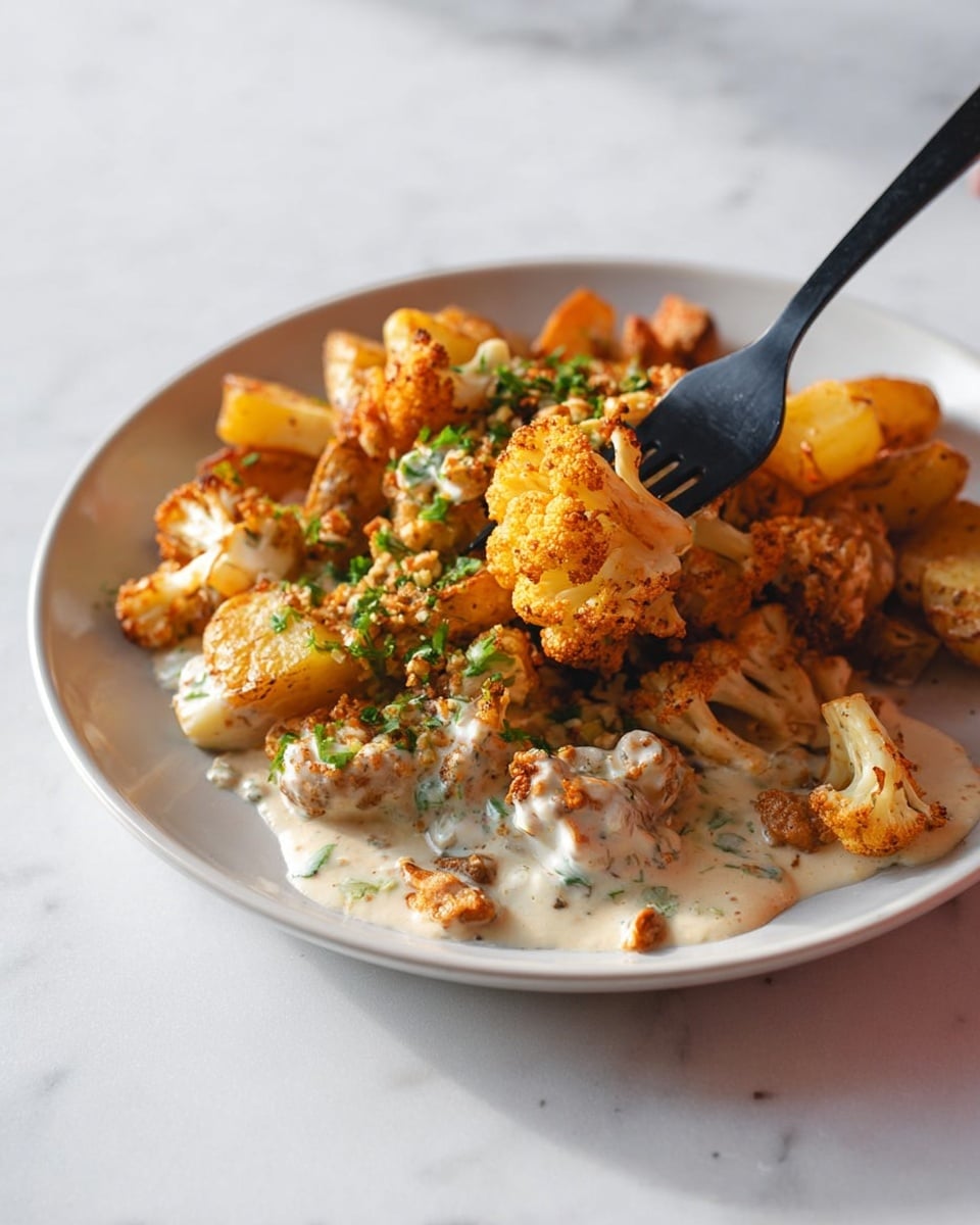 A white plate is filled with three main layers: the bottom layer is a creamy white sauce with small bits of nuts and herbs visible, the middle layer consists of golden-brown roasted potato pieces, and the top layer has well-seasoned, roasted cauliflower florets with a light orange tint and sprinkled green herbs. A black fork is picking up a piece of cauliflower and potato mixed with the creamy sauce. The plate sits on a white marbled surface. photo taken with an iphone --ar 4:5 --v 7