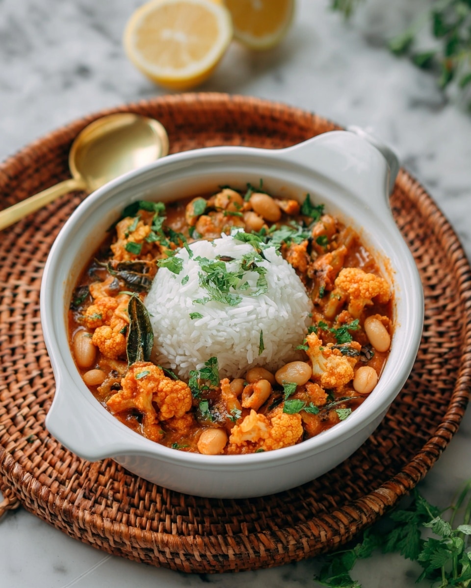 A close-up view of a creamy orange curry filled with pieces of cauliflower, white beans, and chunks of onion, coated in a thick sauce. Bright green chopped cilantro leaves are scattered on top, adding contrast to the dish. A wooden spoon is partially visible on the right side, stirring the mixture. The dish is in a white bowl, set on a white marbled surface. photo taken with an iphone --ar 4:5 --v 7