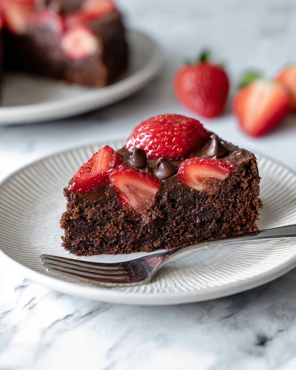 A single slice of chocolate cake sits on a white plate with a subtle patterned edge, placed on a white marbled surface. The slice has two layers: a dense, dark brown chocolate cake base and a topping with embedded large red strawberry halves and a few melted chocolate chips. The strawberries add bright red color and texture contrast. A silver fork rests on the plate next to the cake. In the background, there is a blurred view of another slice of the same cake and a few additional strawberry halves. Photo taken with an iphone --ar 4:5 --v 7