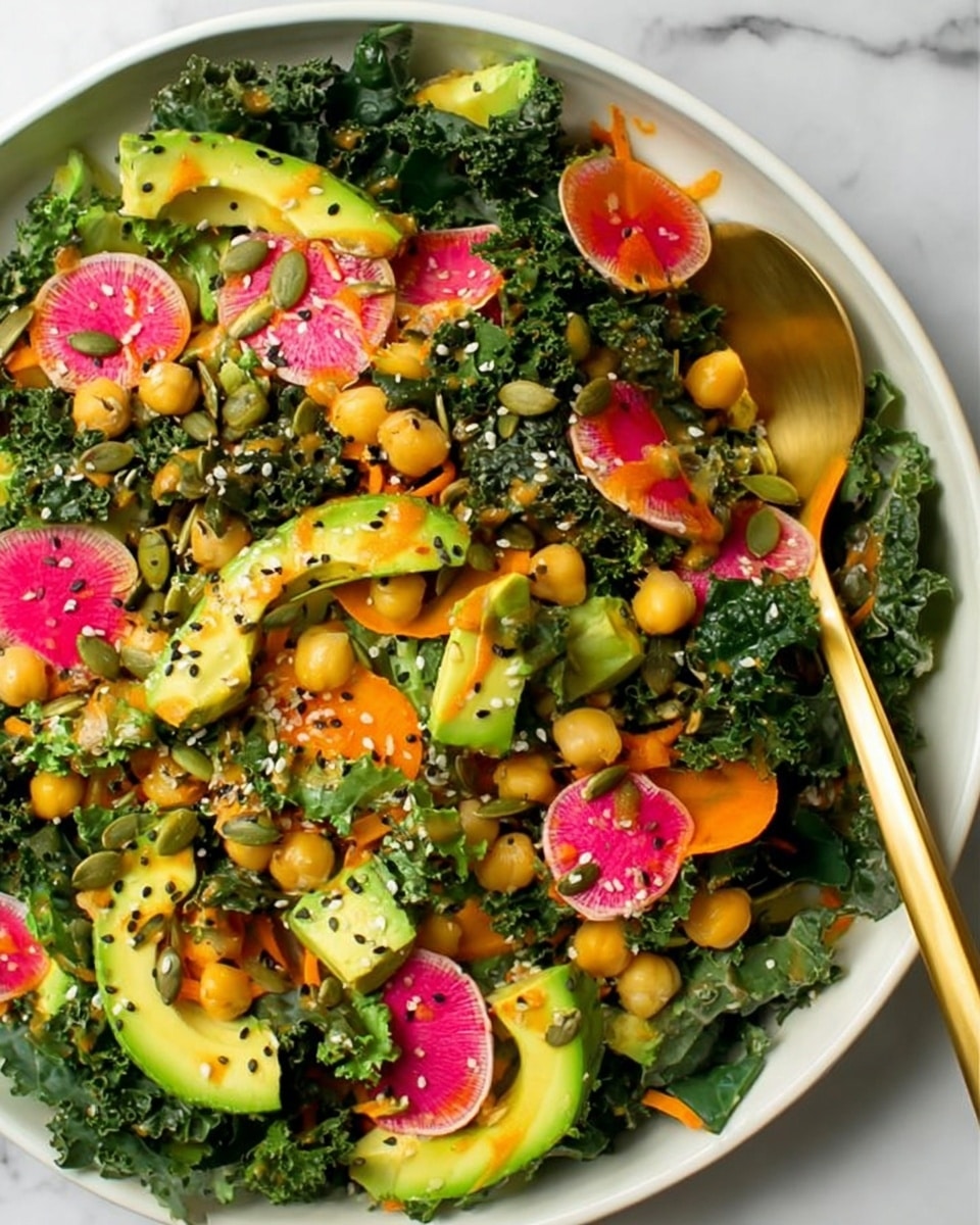 A white bowl filled with a fresh salad showing mostly dark green curly kale leaves as the base layer. Scattered on top are bright green avocado chunks and round yellow chickpeas. Thin slices of watermelon radish with pink centers and white edges are spread evenly around the salad. Small orange carrot pieces add extra color beside black and white sesame seeds and green pumpkin seeds sprinkled over the top. The salad is lightly drizzled with an orange dressing. A gold serving utensil rests inside the bowl. The bowl sits on a white marbled surface photo taken with an iphone --ar 4:5 --v 7