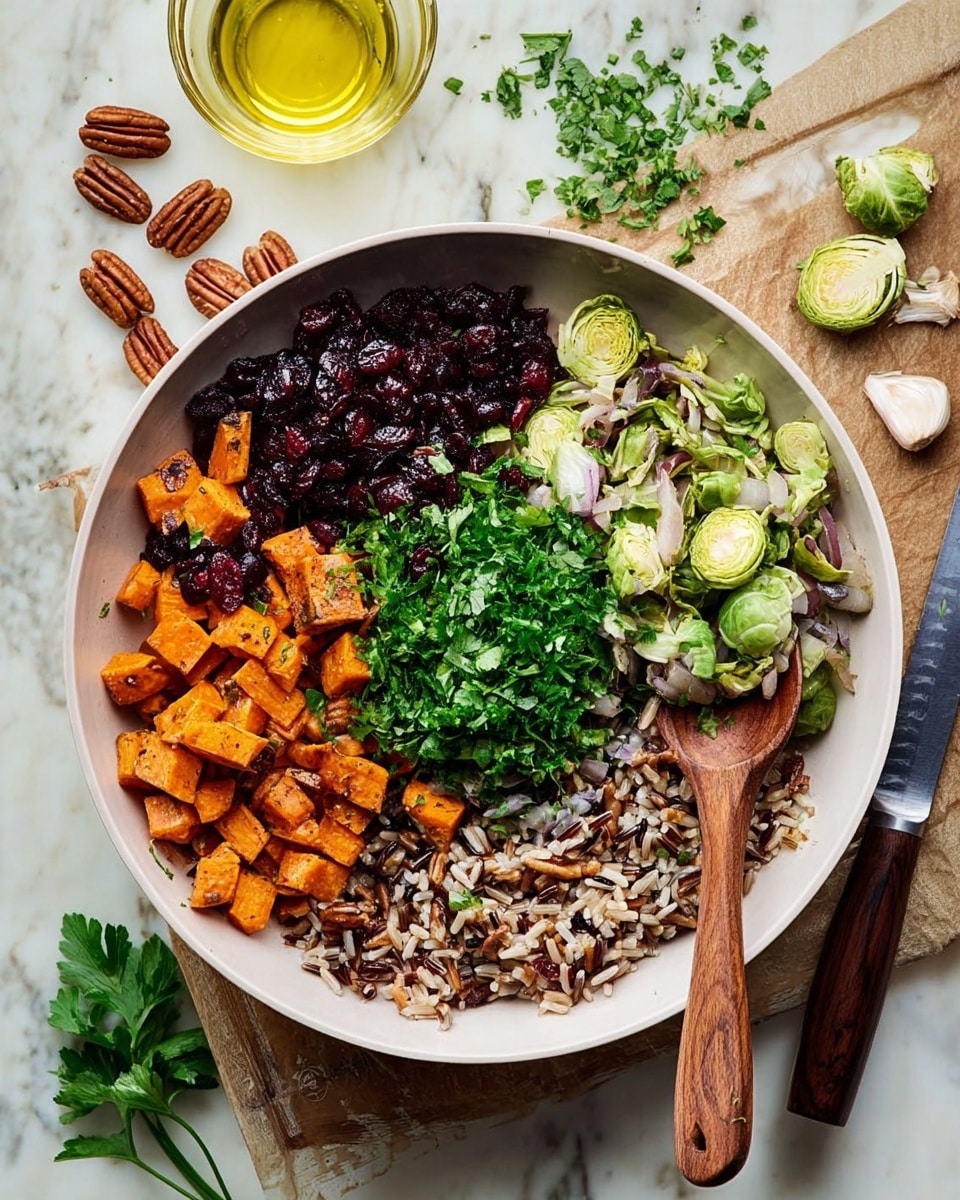 A white bowl is filled with five neat layers arranged in separate sections: at the bottom, there is a mix of cooked wild rice with varied shades of brown and cream, topped by a wooden spoon resting diagonally. To the right, there is a layer of sliced Brussels sprouts with pale green and white colors, slightly curled. Above this, chunks of roasted sweet potatoes in bright orange with some roasted edges are placed next to a handful of whole pecans, deep brown and shiny. On the far left, there's a layer of dried cranberries with a rich dark red color. At the center of the bowl is a mound of fresh green chopped parsley adding a bright pop of color. The bowl sits on a white marbled surface with some scattered green parsley leaves, garlic cloves, a knife with a wooden handle, and a clear glass with yellow oil. photo taken with an iphone --ar 4:5 --v 7