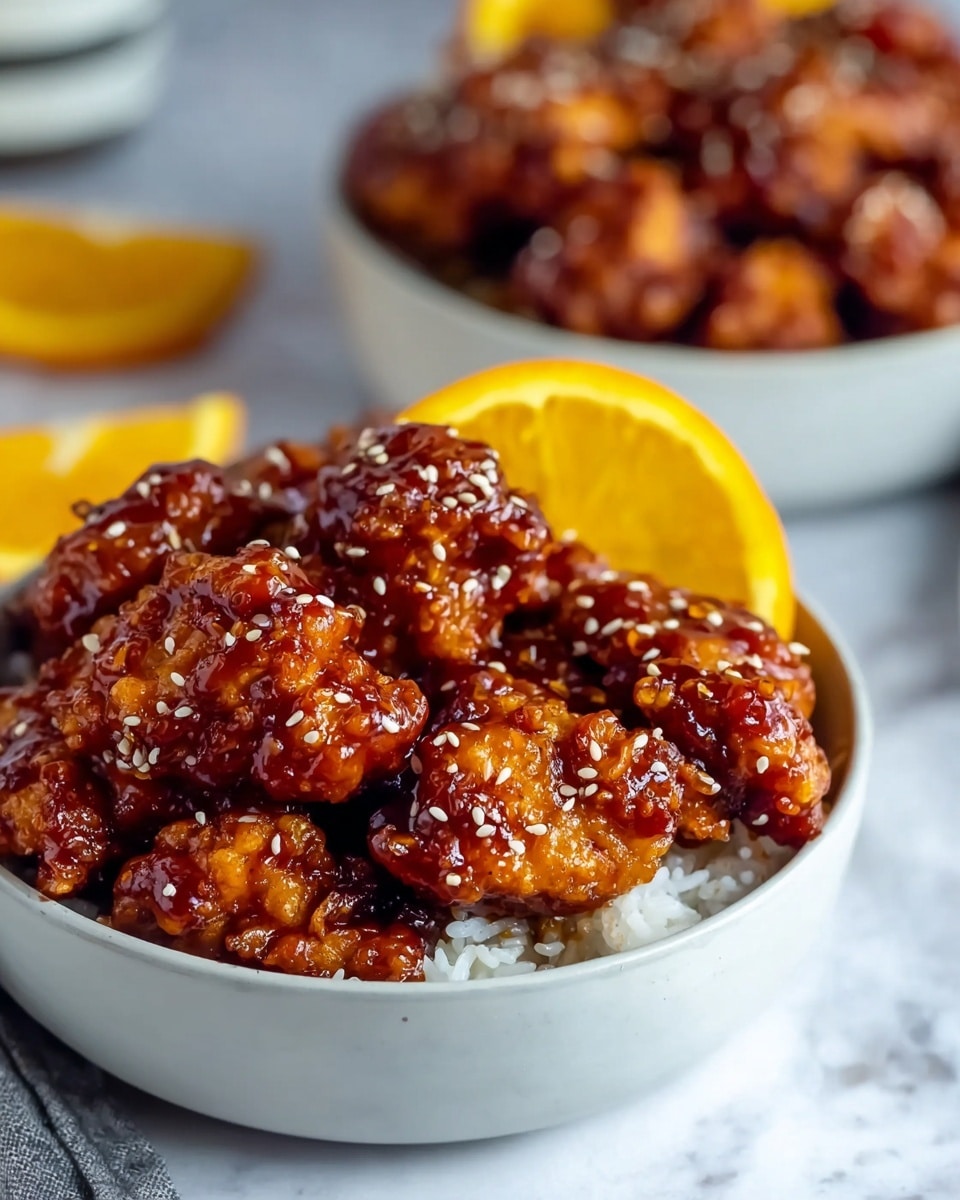 A white bowl filled with several pieces of fried chicken covered in a thick, shiny, reddish-brown sauce, sprinkled with white sesame seeds. Next to the chicken, there is a bright orange wedge placed on top of some white rice. In the background, another white bowl with more sauced fried chicken sits slightly out of focus, all set on a white marbled surface. photo taken with an iphone --ar 4:5 --v 7