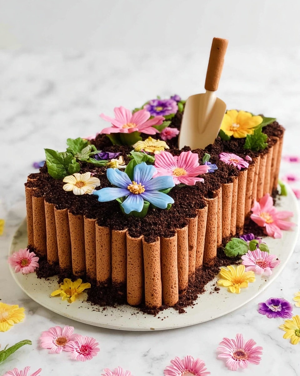 A rectangular dessert stands on a white plate with colorful edible flower decorations around it on a white marbled surface. The cake's sides are lined with vertical brown rolled wafer sticks, giving a textured fence-like appearance. The top layer is dark brown and crumbly, resembling soil, adorned with various vibrant, flat flower-shaped decorations in pink, blue, yellow, and green. A small beige shovel-shaped decoration is stuck upright in the center of the top layer, completing the garden-themed look. Photo taken with an iphone --ar 4:5 --v 7