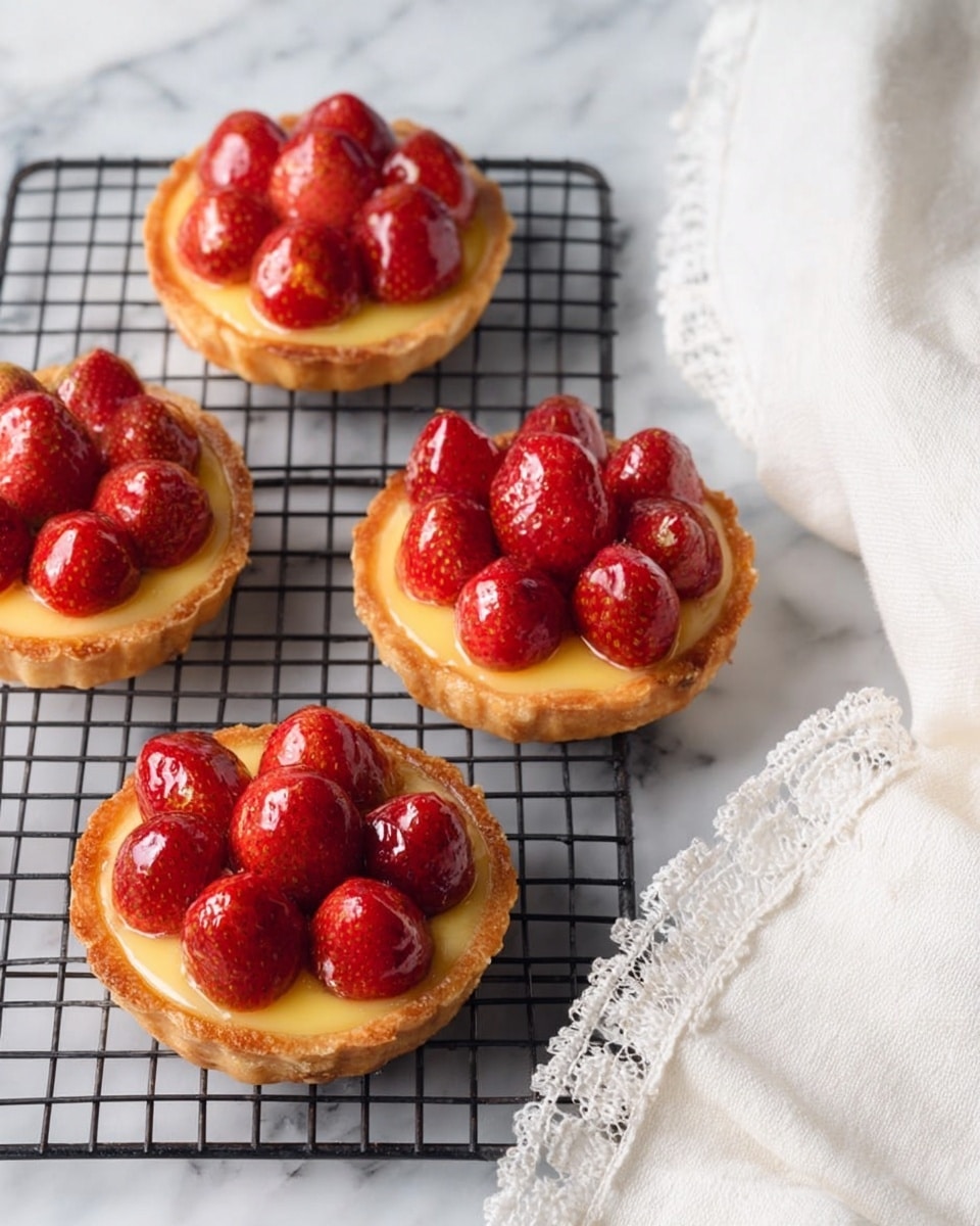 The image shows four small fruit tarts placed on a black wire cooling rack over a white marbled surface. Each tart has three layers: a golden-brown, flaky crust forming the base and edges, a smooth, creamy yellow filling in the middle, and a top layer of seven to eight shiny, red strawberries arranged closely together. The strawberries look fresh and have a glossy coating that makes them glisten under the light. To the right side of the rack, a white linen cloth with lace trim is soft folded, adding a cozy touch to the scene. Photo taken with an iphone --ar 4:5 --v 7