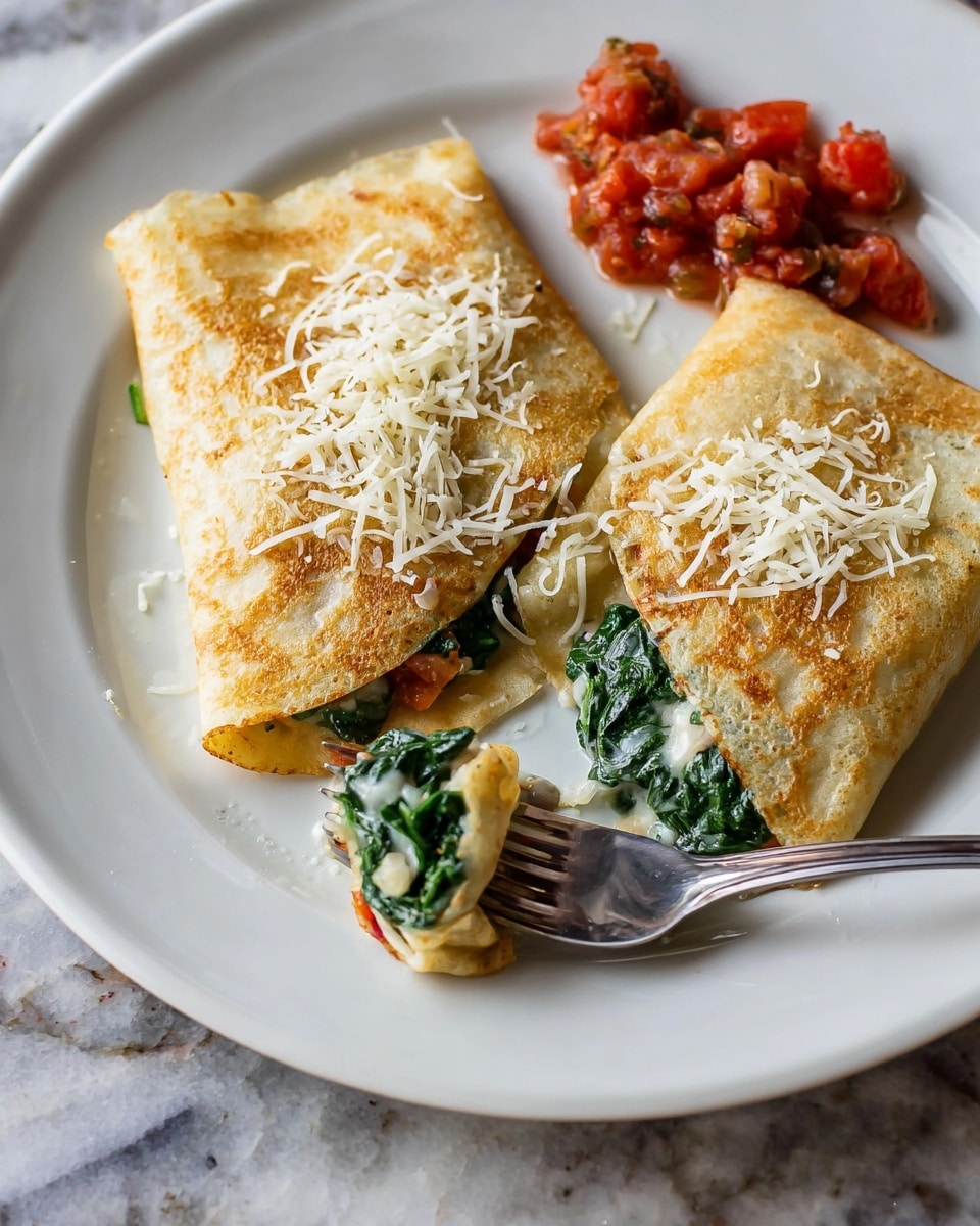 Two square folded crepes with a light golden-brown color are placed side by side on a white plate. The crepe in front is partially opened with a fork lifting a piece, showing green spinach leaves mixed with creamy white sauce inside. Both crepes have white shredded cheese sprinkled on top. To the right of the crepes, there is a small pile of chunky red tomato salsa with visible pieces of onion. The plate sits on a white marbled surface. photo taken with an iphone --ar 4:5 --v 7