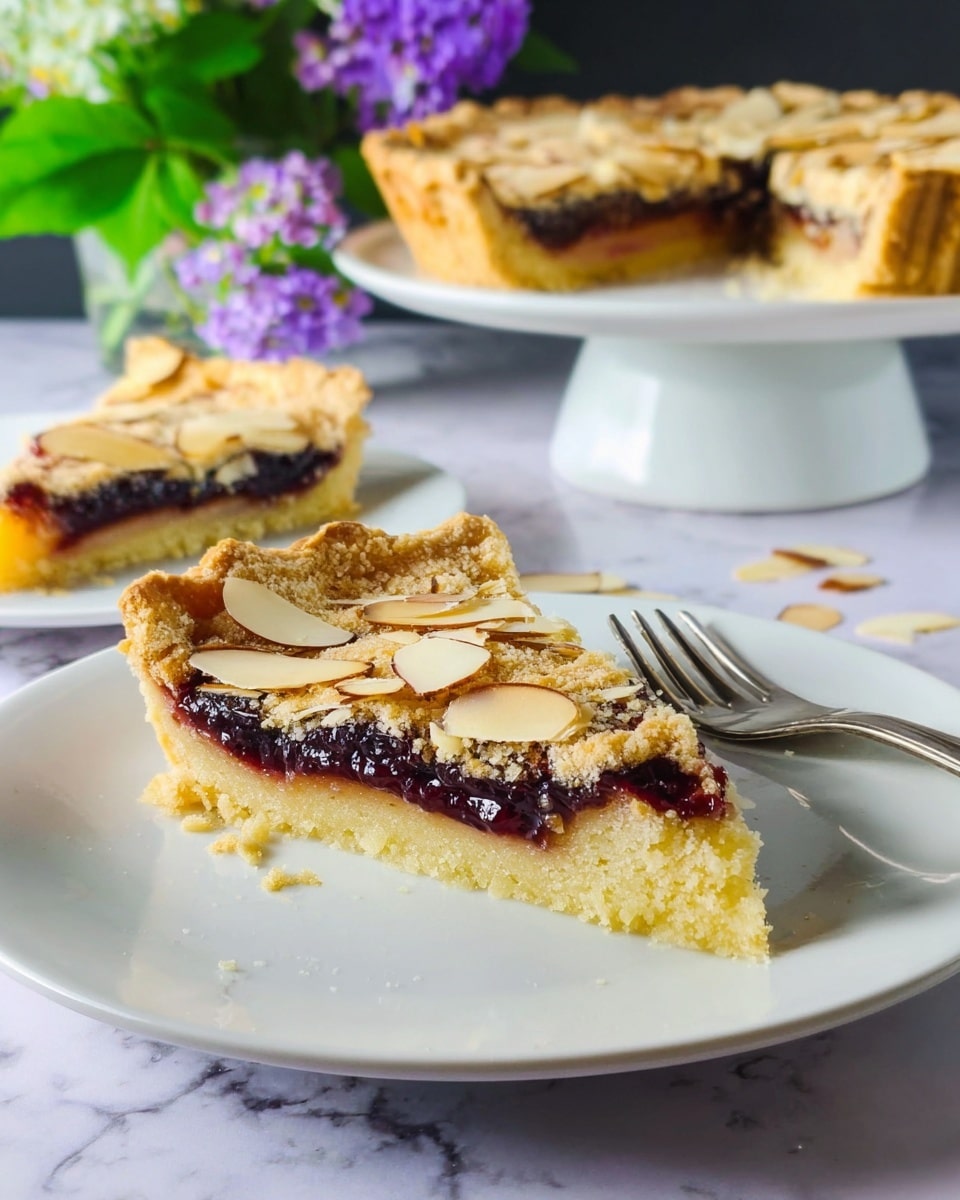 The image shows a close-up of a slice of pie on a white plate in the front, with a golden-brown crust topped with thin, toasted almond slices. The pie has three visible layers: a thick, crumbly light yellow crust base, a dark purple jam-like filling layer in the middle, and a slightly thicker top crust layer covered with almonds. In the background, another slice of the same pie sits on a white cake stand, and a third slice is on another white plate with a fork. The whole setting is on a white marbled surface with a small green and purple flower arrangement in the back. Photo taken with an iphone --ar 4:5 --v 7