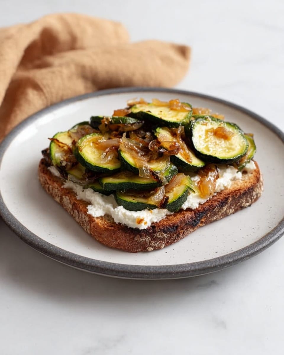 A clear glass bowl contains two layers: the bottom layer is a mix of sautéed chopped onions in light brown tones, and the top layer is several round slices of cooked zucchini showing golden-brown grill marks with green edges and soft yellow centers. A silver spoon is inside the bowl on the left side, partially covered by the vegetables. The bowl is placed on a white marbled surface. photo taken with an iphone --ar 4:5 --v 7