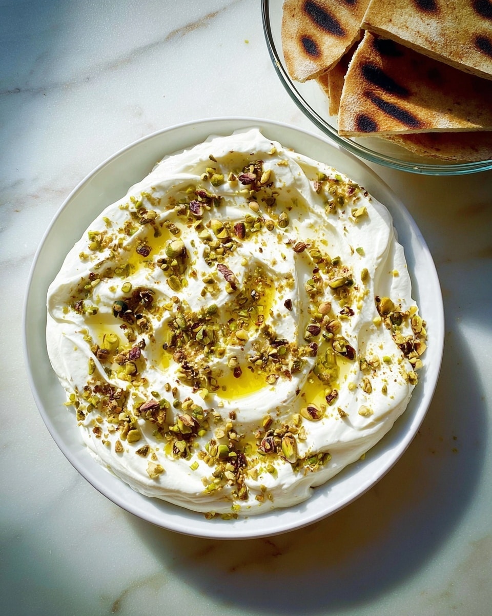 A round white plate is filled with a smooth layer of white creamy yogurt, swirled with soft peaks and valleys across the surface. Over the yogurt, there are scattered crushed nuts in light brown and green shades, likely pistachios, adding texture and color. Pools of golden yellow olive oil sit in the crests of the yogurt, shining under the light. In the top right corner, a clear glass bowl holds triangular pieces of toasted flatbread with dark brown grill marks, resting on a white marbled surface that reflects soft natural light. Photo taken with an iphone --ar 4:5 --v 7