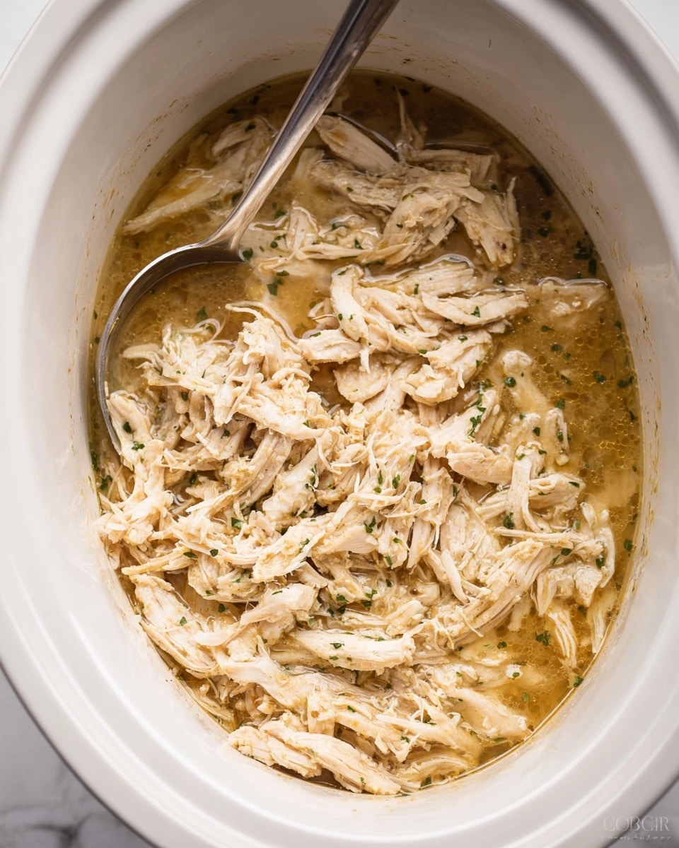 Inside a white slow cooker, two large cooked chicken pieces rest on the right side, covered with a light golden-brown herb sauce, showing some green herb flecks. On the left side, shredded chicken pieces lay in a small pool of the same sauce, with a soft, pale beige texture. A metal fork is positioned on the right, partially resting between the shredded and whole cooked chicken, stirring the juices. The inside edge of the slow cooker shows some browned marks from cooking. The whole setup is on a white marbled surface photo taken with an iphone --ar 4:5 --v 7