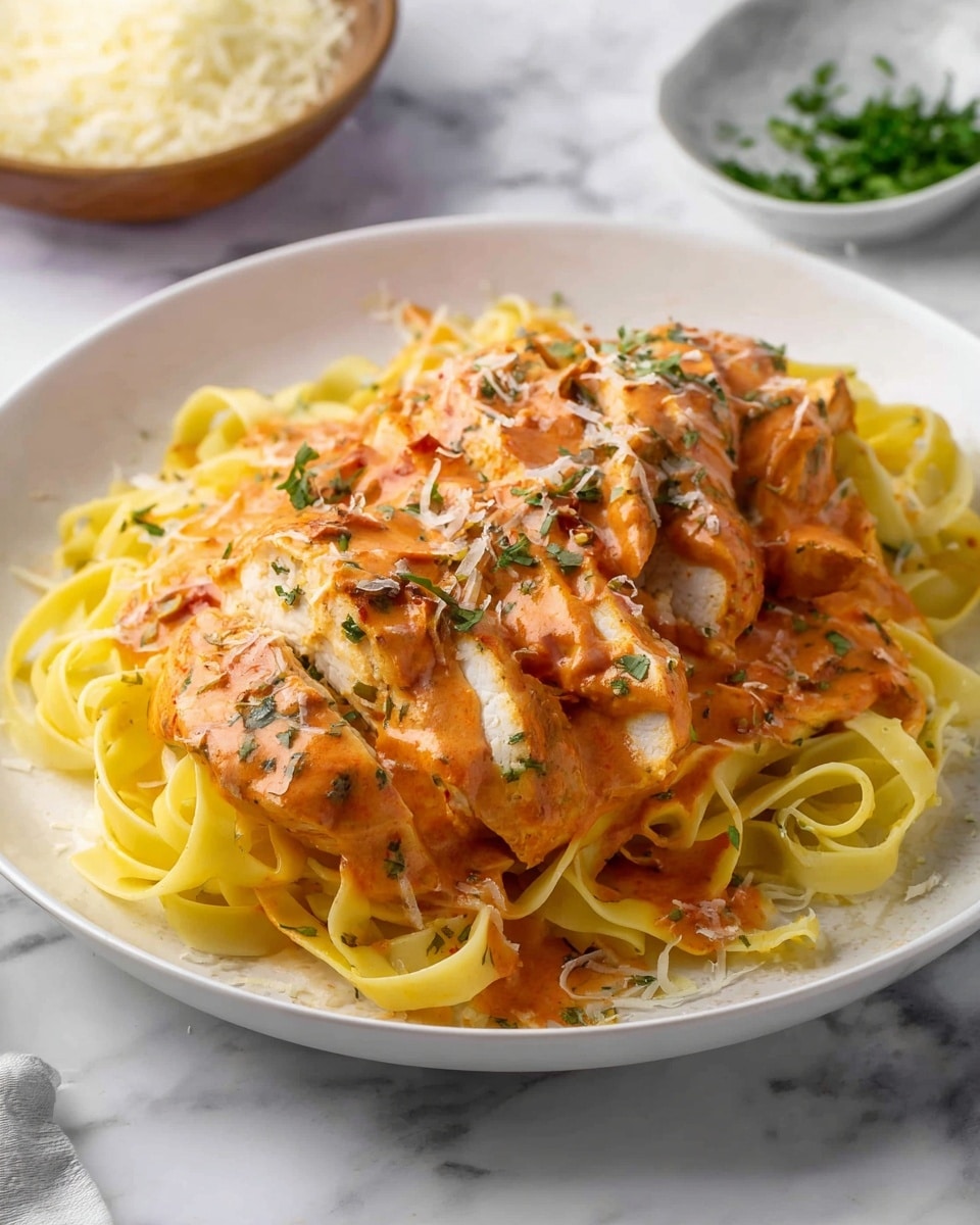 A white plate holds a bed of light yellow pasta noodles, arranged in a loose nest shape. On top, there are several slices of cooked white chicken, covered with a creamy orange-red sauce that has small bits of tomato. The sauce looks smooth and is spread evenly over the chicken and pasta. The dish is sprinkled with small green herb pieces and light shreds of white cheese. The plate sits on a white marbled surface with a bowl of grated cheese slightly blurred in the background. Photo taken with an iphone --ar 4:5 --v 7