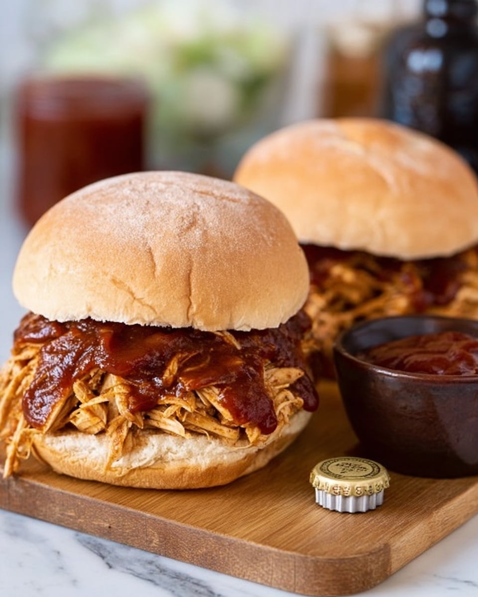 A close-up view of two pulled chicken sandwiches on a wooden board, each sandwich made with a soft, light brown bun. The bottom layer shows shredded chicken coated in a rich, dark brown barbecue sauce, piled thickly and spilling slightly over the sides. The tops of the buns are smooth with a light flour dusting. Next to the sandwiches, there is a small dark brown ceramic bowl filled with ketchup. A bottle cap lays nearby, and the backdrop is a white marbled surface with slightly blurred elements in the distance. Photo taken with an iphone --ar 4:5 --v 7