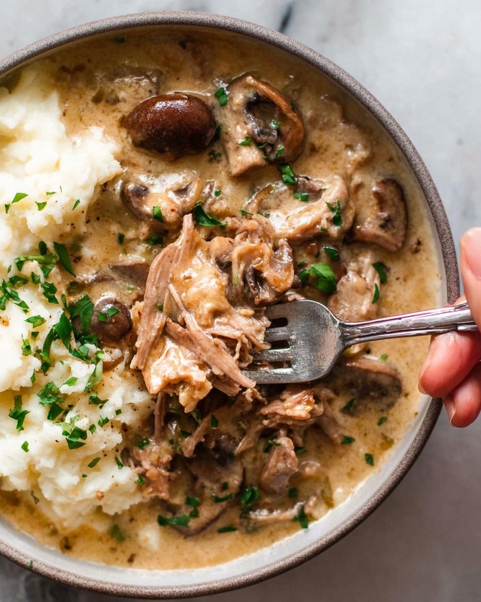 A close-up of a white bowl filled with creamy beige sauce with soft brown mushroom slices and tender shredded brown meat mixed inside. On one side of the bowl, there is a layer of white mashed potatoes that look smooth and soft. Small bright green chopped herbs are scattered on top, adding pops of color. A silver fork held by a woman's hand is pulling apart some of the shredded meat in the sauce. The bowl sits on a white marbled surface. photo taken with an iphone --ar 4:5 --v 7