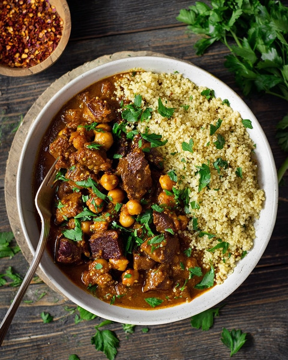 The image shows a white shallow bowl filled with two main layers. On the right side, there is a light beige layer of cooked quinoa with a slightly grainy texture. On the left side, there is a rich brown stew made of chickpeas and chunks of dark brown textured seitan or meat substitute in a thick sauce. The stew is garnished with fresh bright green parsley leaves scattered on top. The bowl sits on a dark wooden surface with some parsley leaves casually placed around it. In the background, there is a small bowl with red chili flakes. A fork rests on the edge of the bowl, on the quinoa side. Photo taken with an iphone --ar 4:5 --v 7