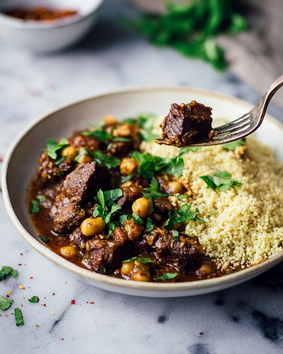 A round white plate sits on a white marbled surface, holding a two-layer dish. On the right half, there is a light beige fluffy grain layer, likely couscous or quinoa, with a soft texture. The left half shows a rich, dark brown stew with chunks of meat and light brown beans, garnished with bright green fresh parsley leaves scattered on top. A silver fork lifts a small piece of dark meat above the plate, with some visible red spices. The background is blurred with a small white bowl partially visible on the left side. photo taken with an iphone --ar 4:5 --v 7